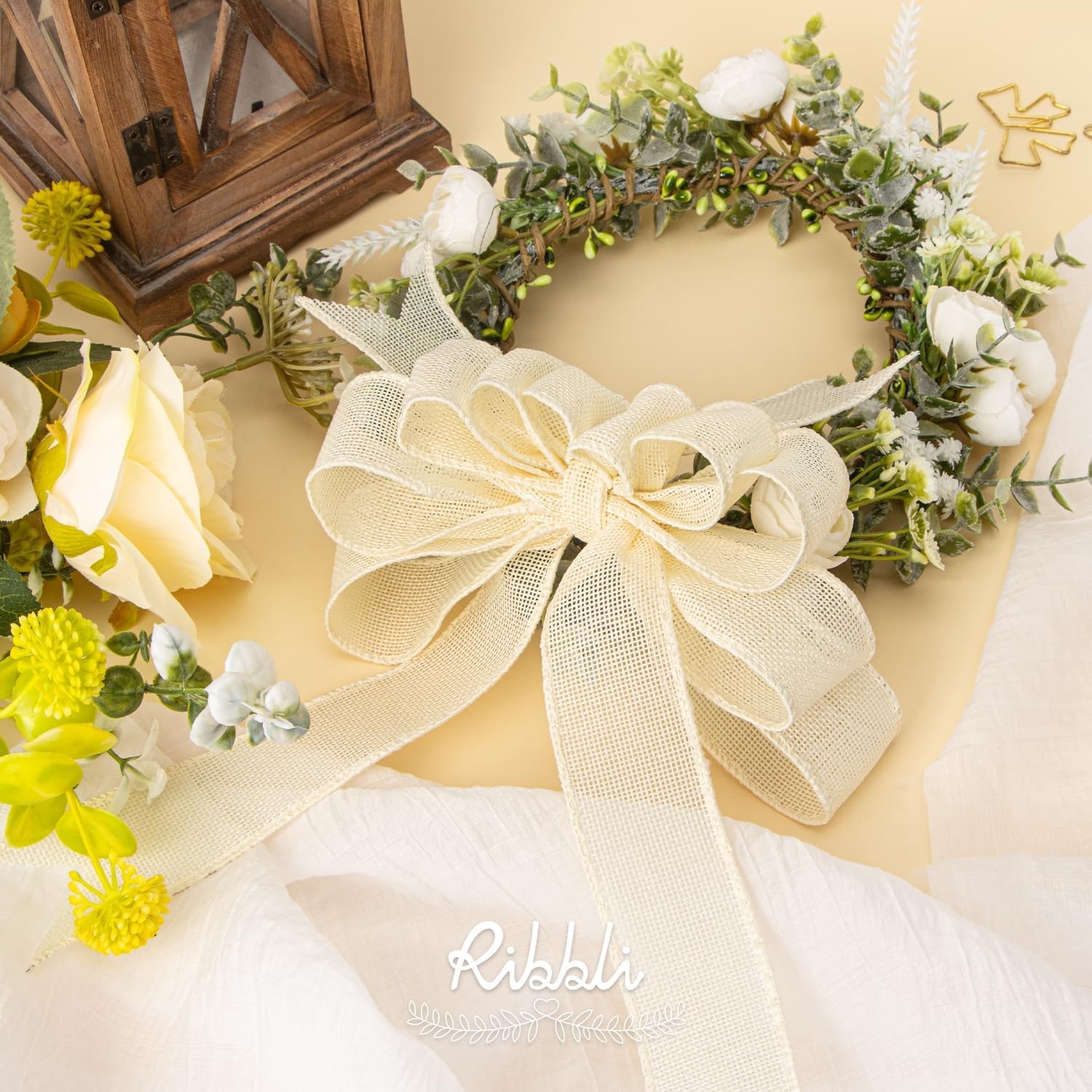 Ribbli Pink Burlap Valentine’s Day Wired Ribbon,1-1/2 Inch x 10 Yard,Easter Wired Edge Ribbon for Big Bow,Wreath,Tree Decoration,Outdoor Decoration(Cream)
