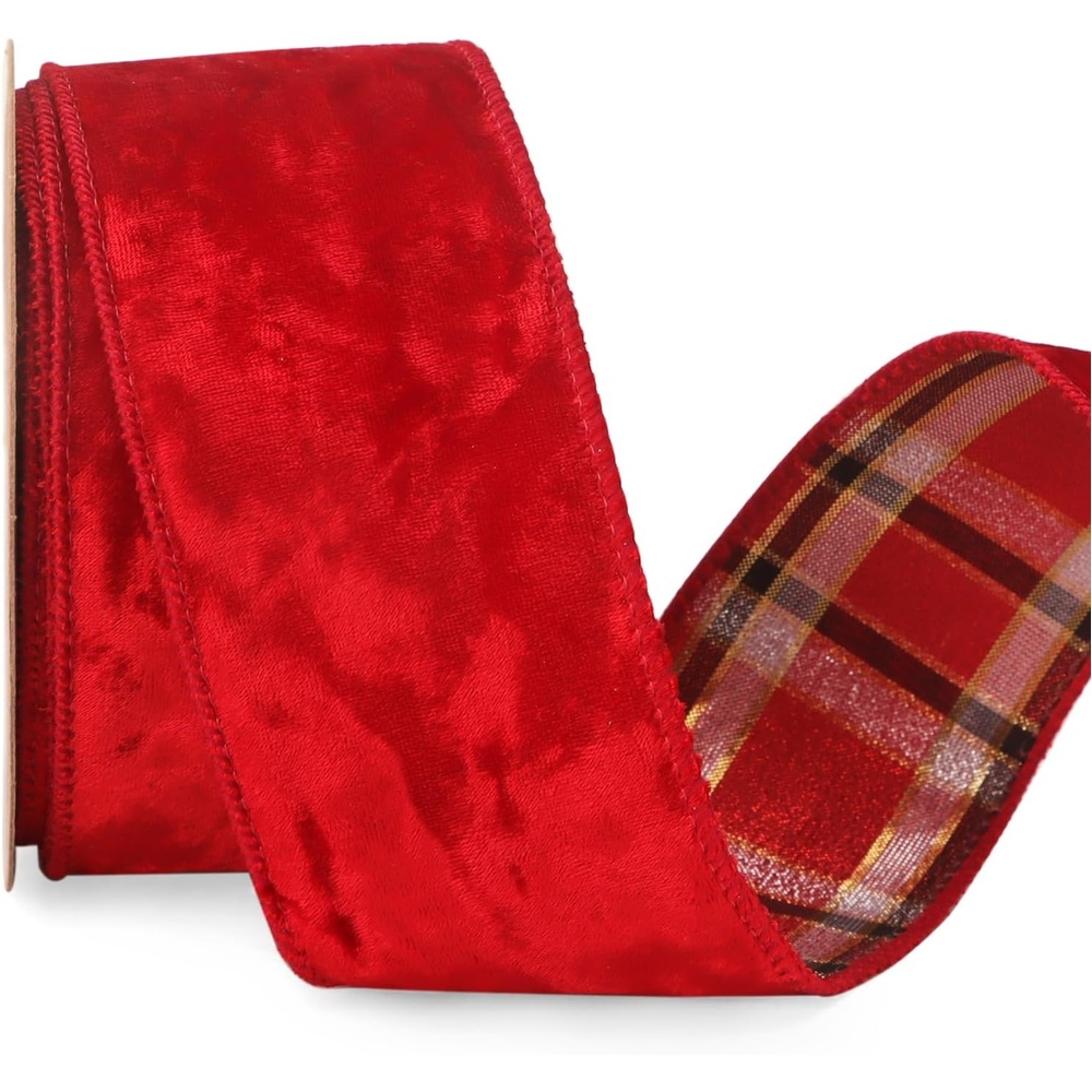 Ribbli Red Crushed Velvet Wired Ribbon with Red Plaid Reversible 4 Inch Christmas Ribbon for Gift Wrapping Christmas Tree Decoration Crafts Wreaths Supplies-10 Yards(Red/White/Gold)