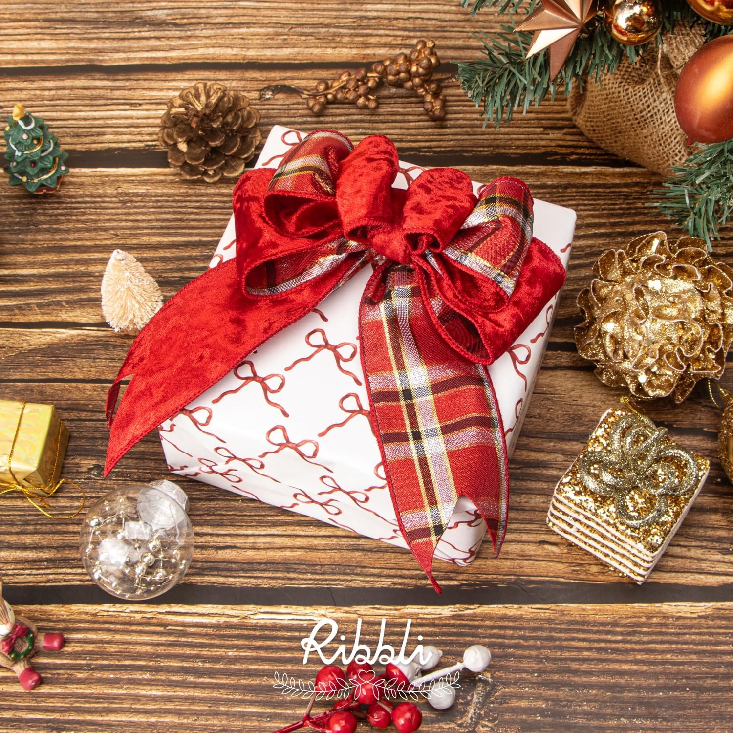 Ribbli Red Crushed Velvet Wired Ribbon with Red Plaid Reversible 4 Inch Christmas Ribbon for Gift Wrapping Christmas Tree Decoration Crafts Wreaths Supplies-10 Yards(Red/White/Gold)