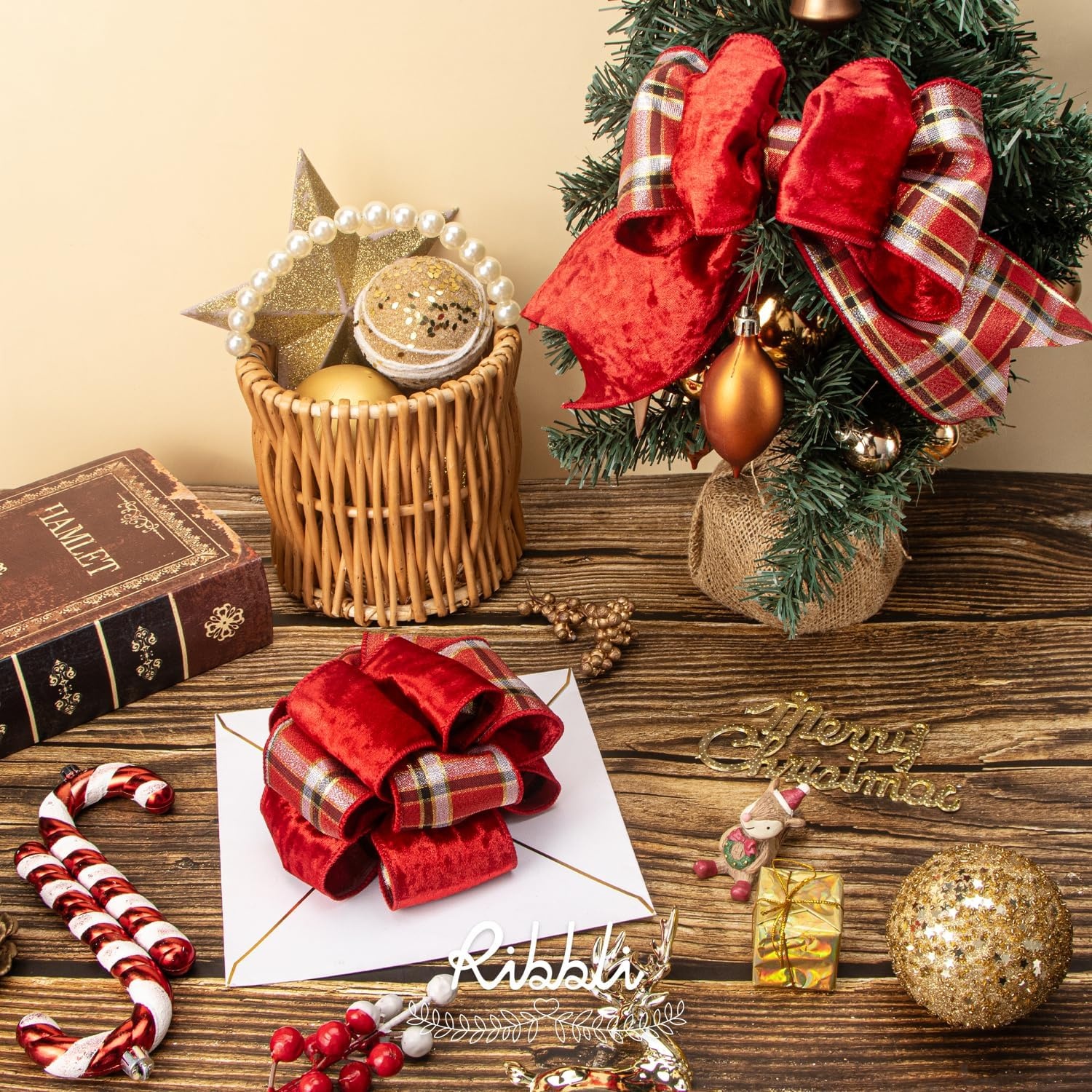 Ribbli Red Crushed Velvet Wired Ribbon with Red Plaid Reversible 4 Inch Christmas Ribbon for Gift Wrapping Christmas Tree Decoration Crafts Wreaths Supplies-10 Yards(Red/White/Gold)