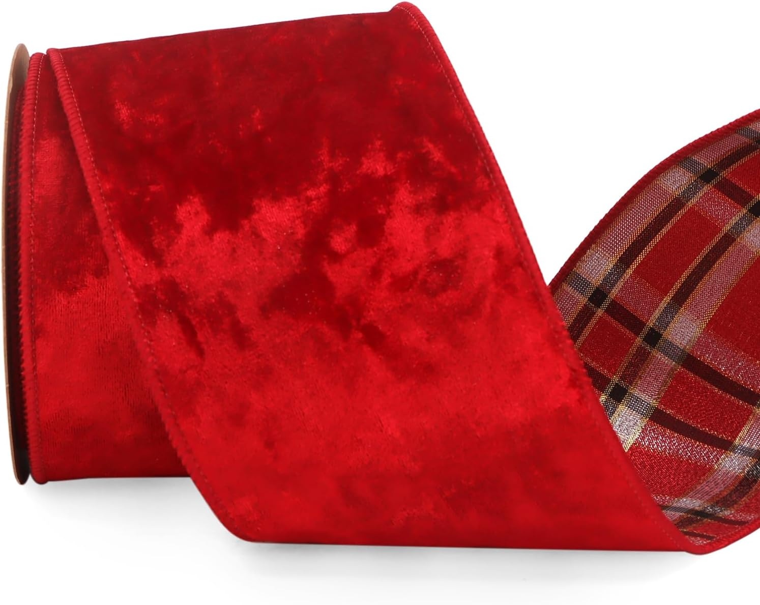 Ribbli Red Crushed Velvet Wired Ribbon with Red Plaid Reversible 4 Inch Christmas Ribbon for Gift Wrapping Christmas Tree Decoration Crafts Wreaths Supplies-10 Yards(Red/White/Gold)