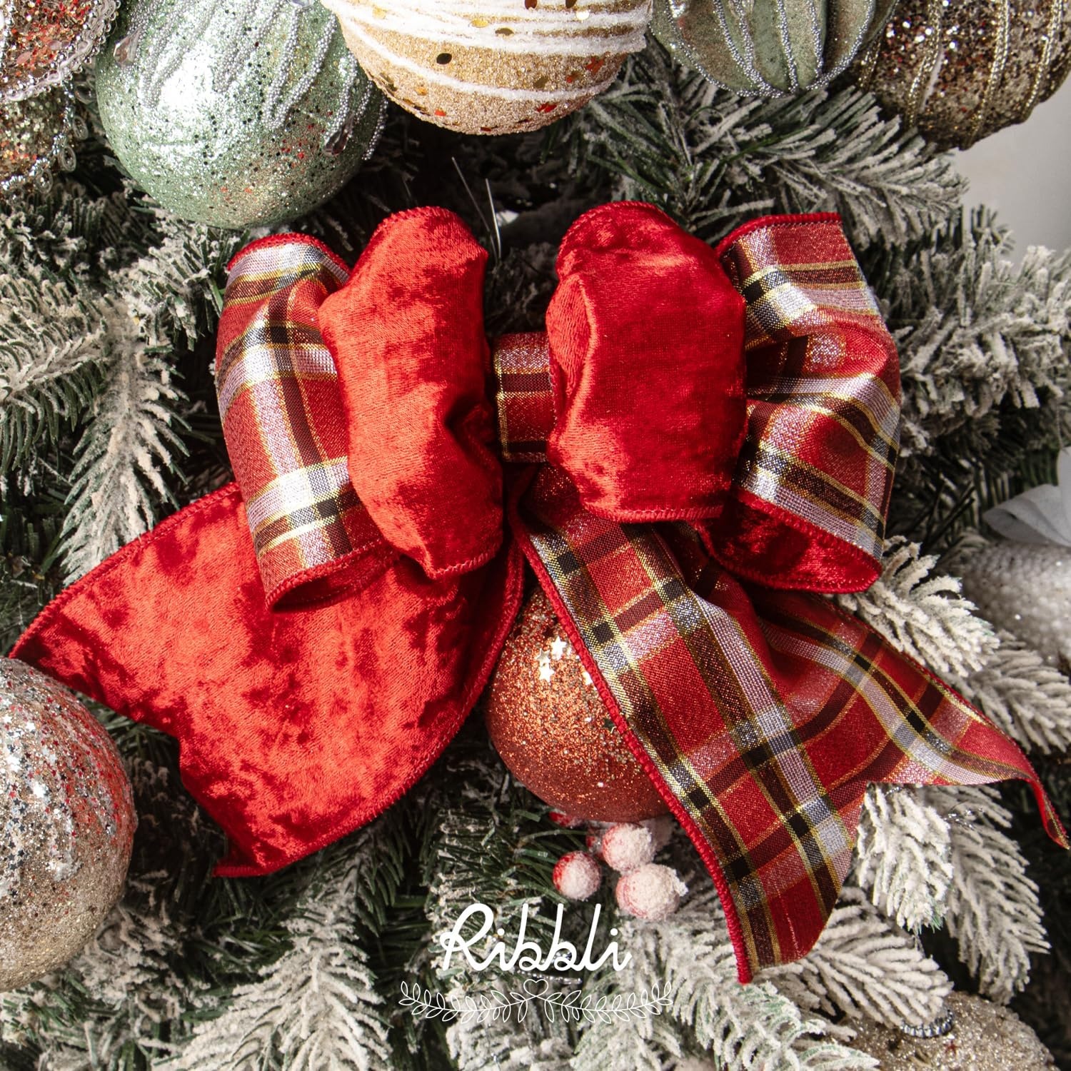 Ribbli Red Crushed Velvet Wired Ribbon with Red Plaid Reversible 4 Inch Christmas Ribbon for Gift Wrapping Christmas Tree Decoration Crafts Wreaths Supplies-10 Yards(Red/White/Gold)