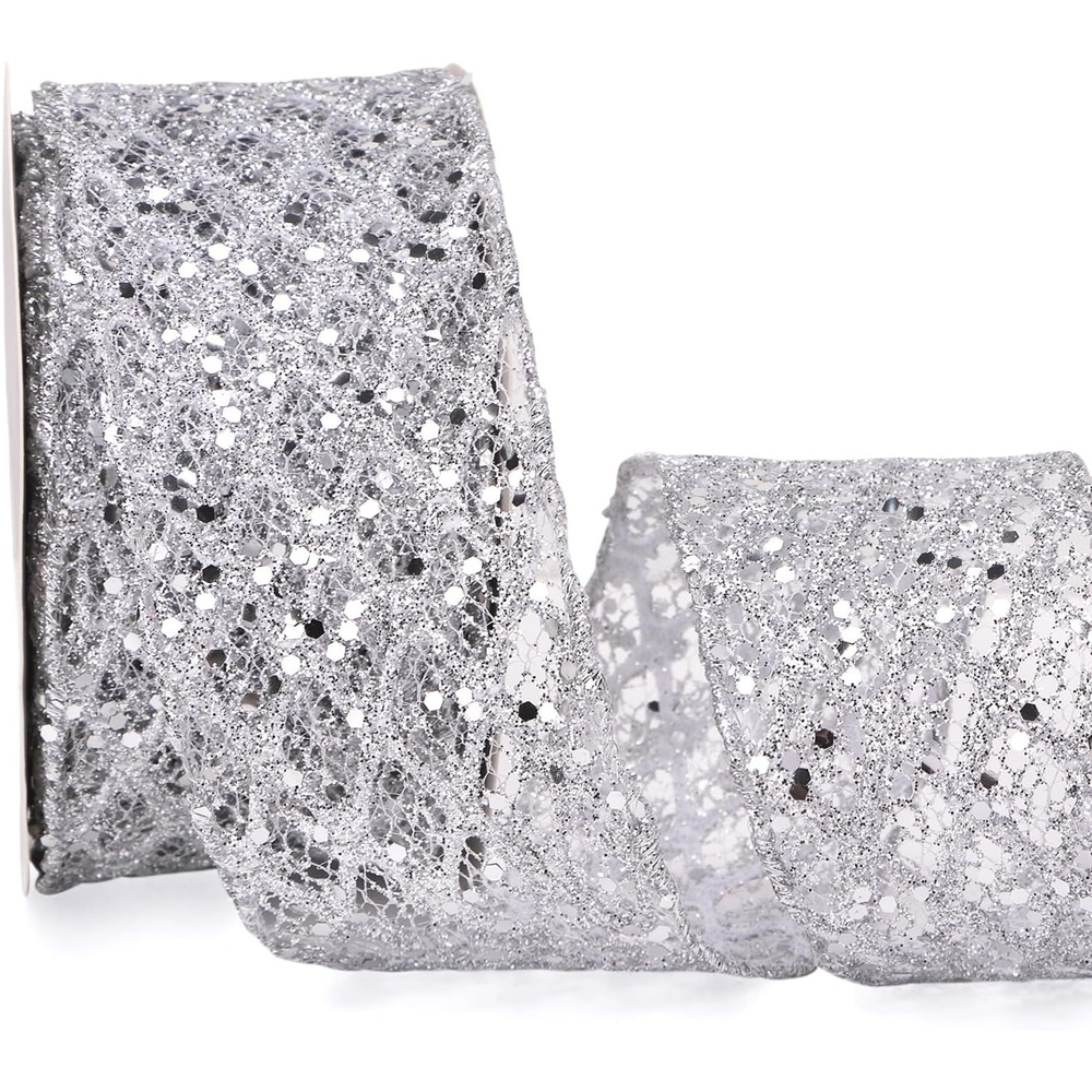 Ribbli White Glitter Wired Ribbon for Christmas Tree Diamond Sparkling 4 Inch x 10 Yard Christmas Wired Ribbon for Crafts Wreath Garland Supplies(Silver)