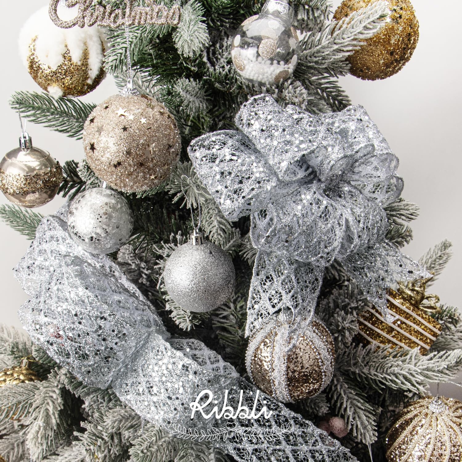Ribbli White Glitter Wired Ribbon for Christmas Tree Diamond Sparkling 4 Inch x 10 Yard Christmas Wired Ribbon for Crafts Wreath Garland Supplies(Silver)