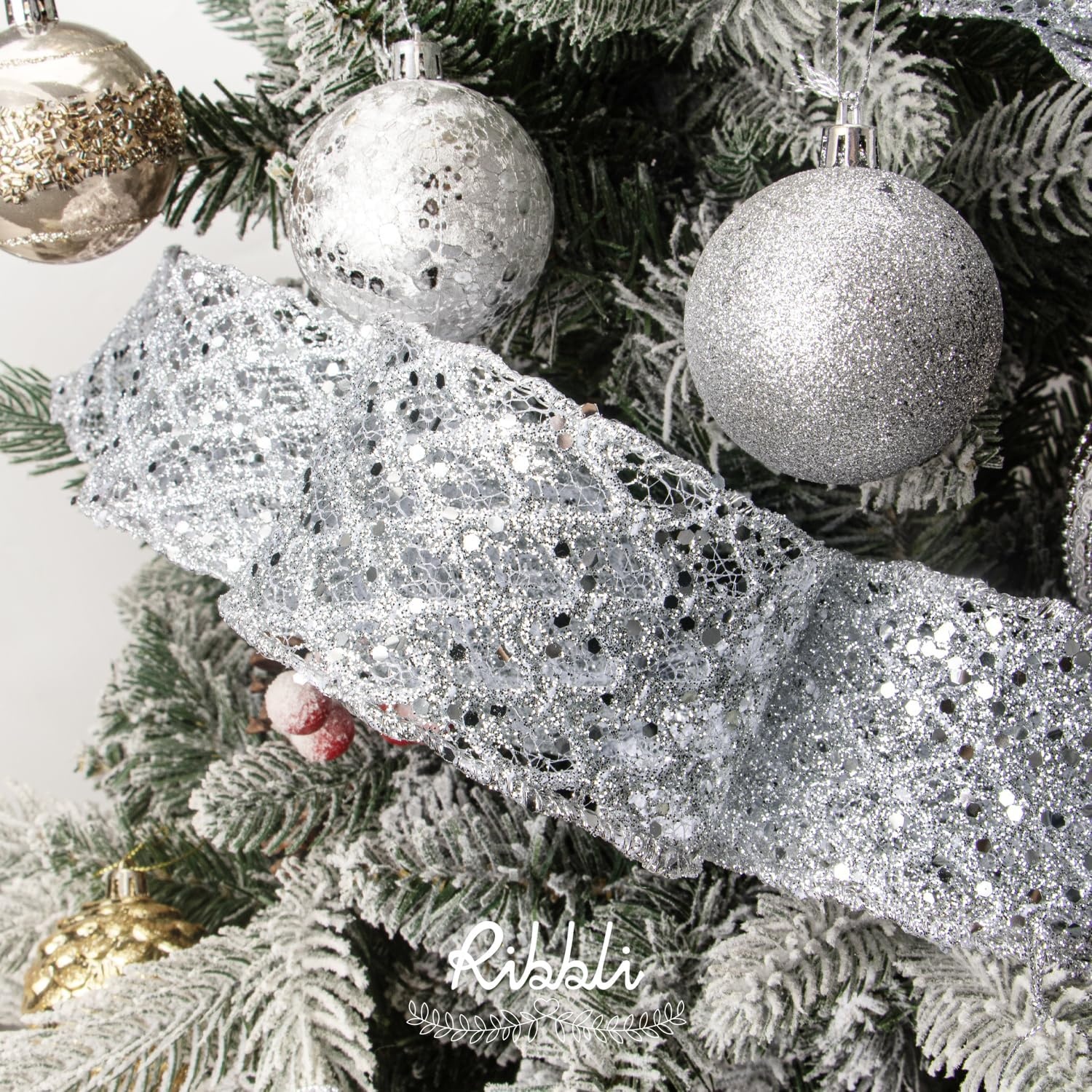 Ribbli White Glitter Wired Ribbon for Christmas Tree Diamond Sparkling 4 Inch x 10 Yard Christmas Wired Ribbon for Crafts Wreath Garland Supplies(Silver)