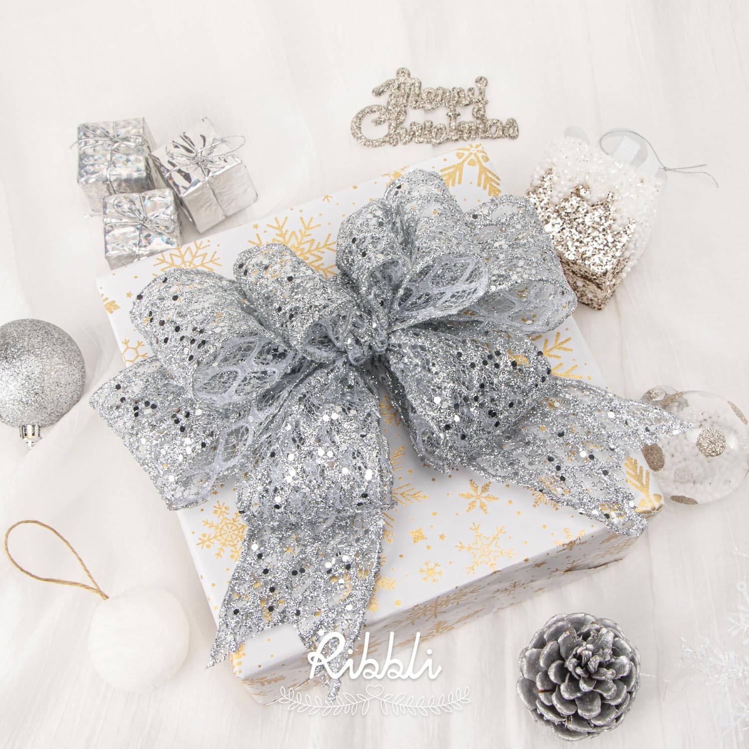 Ribbli White Glitter Wired Ribbon for Christmas Tree Diamond Sparkling 4 Inch x 10 Yard Christmas Wired Ribbon for Crafts Wreath Garland Supplies(Silver)
