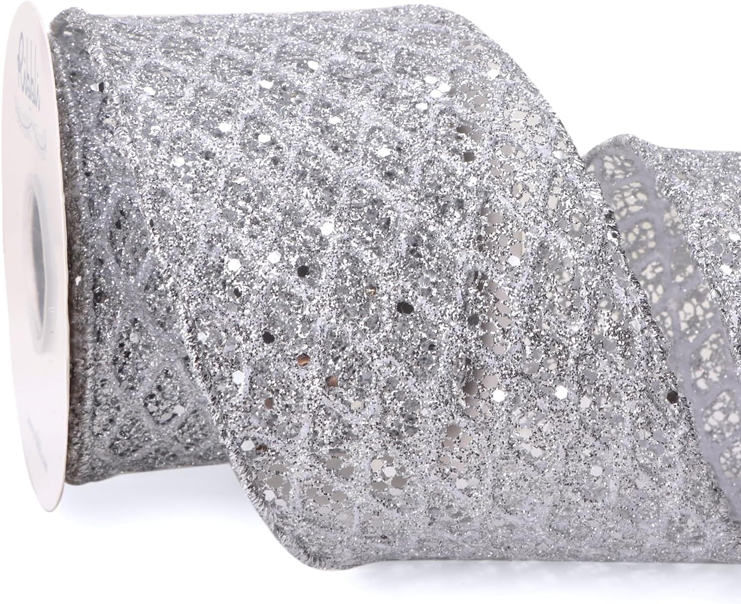 Ribbli White Glitter Wired Ribbon for Christmas Tree Diamond Sparkling 4 Inch x 10 Yard Christmas Wired Ribbon for Crafts Wreath Garland Supplies(Silver)