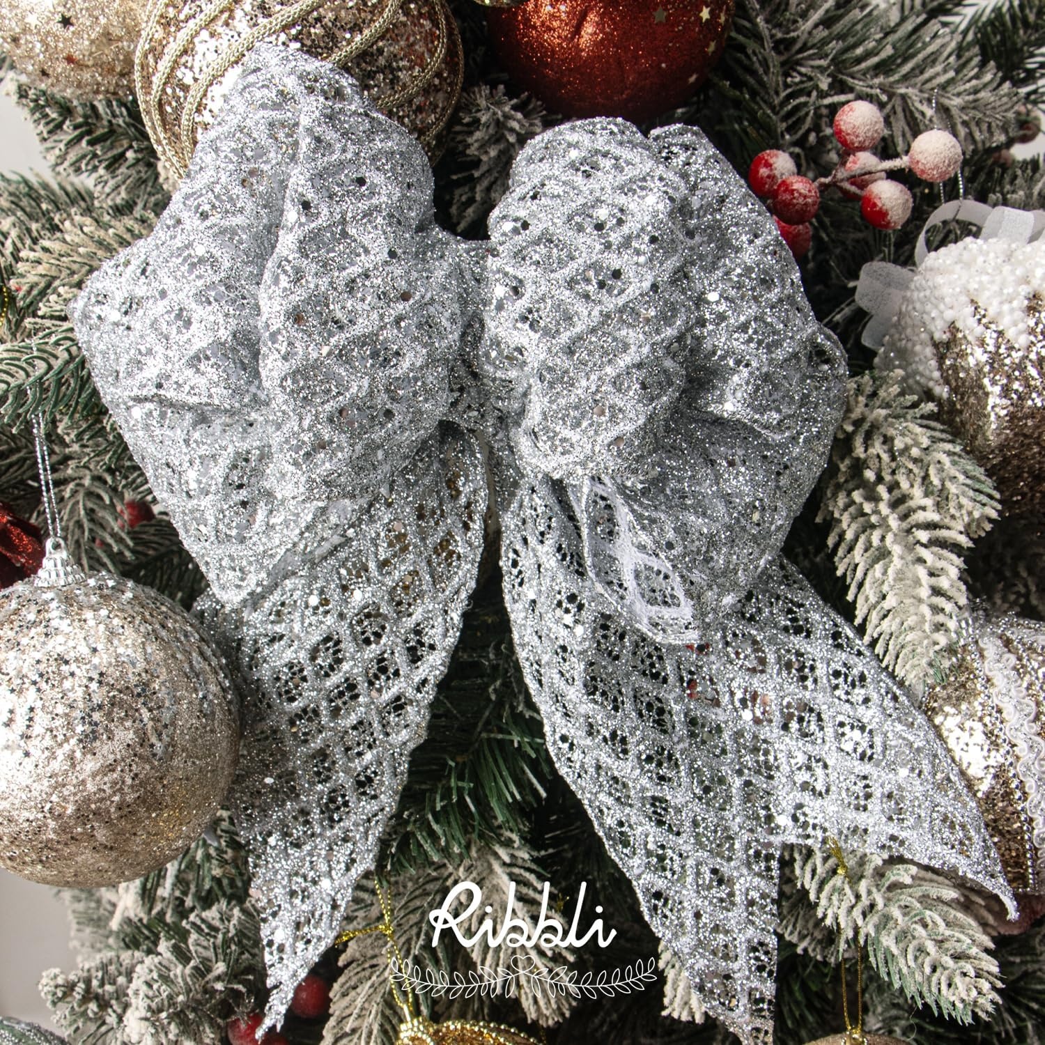 Ribbli White Glitter Wired Ribbon for Christmas Tree Diamond Sparkling 4 Inch x 10 Yard Christmas Wired Ribbon for Crafts Wreath Garland Supplies(Silver)