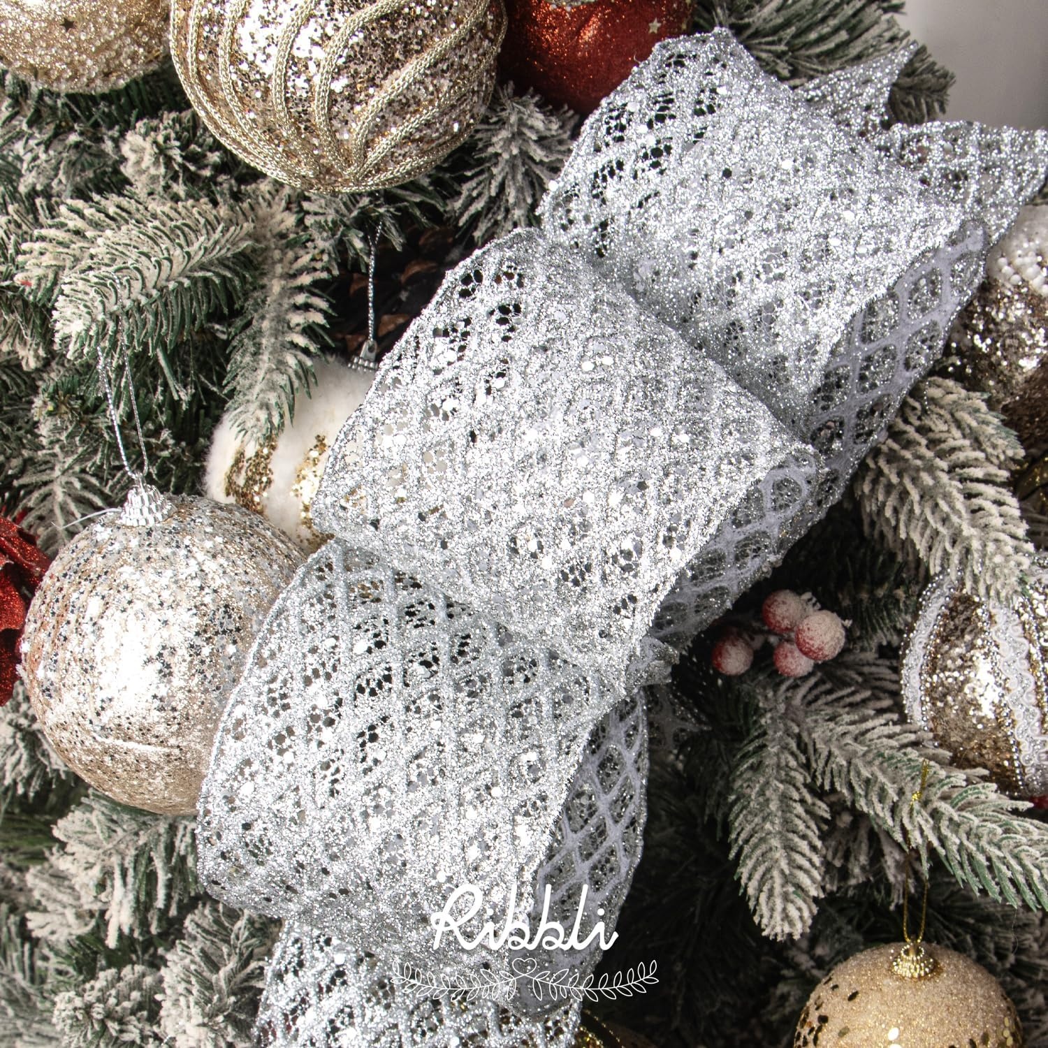 Ribbli White Glitter Wired Ribbon for Christmas Tree Diamond Sparkling 4 Inch x 10 Yard Christmas Wired Ribbon for Crafts Wreath Garland Supplies(Silver)