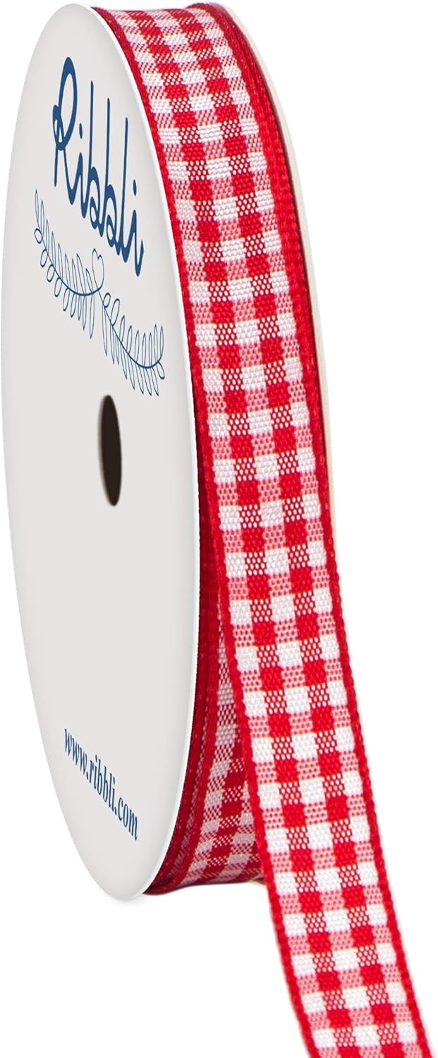 Ribbli Yellow and White Gingham Ribbon,100% Polyester Woven Edge,3/8 Inch x 10 Yard,Plaid Ribbon Use for Gift Wrapping,Party Decoration(Red/White)