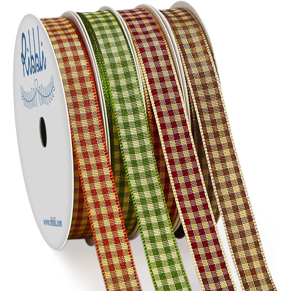 Ribbli 4 Rolls 3/8 Inch Gingham Ribbon, Total 40 Yards, 100% Polyester Woven Edge, (Lt.Pink/Lt.Blue/Lt.Purple/Yellow), Easter Check Use for Baby Shower, Gift Wrapping(Brown/Moss/Burgundy/Tan)