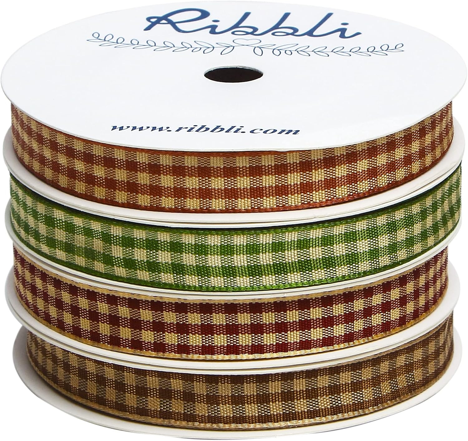 Ribbli 4 Rolls 3/8 Inch Gingham Ribbon, Total 40 Yards, 100% Polyester Woven Edge, (Lt.Pink/Lt.Blue/Lt.Purple/Yellow), Easter Check Use for Baby Shower, Gift Wrapping(Brown/Moss/Burgundy/Tan)