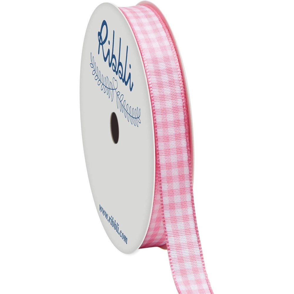 Ribbli Yellow and White Gingham Ribbon,100% Polyester Woven Edge,3/8 Inch x 10 Yard,Plaid Ribbon Use for Gift Wrapping,Party Decoration(Pink Light/White)