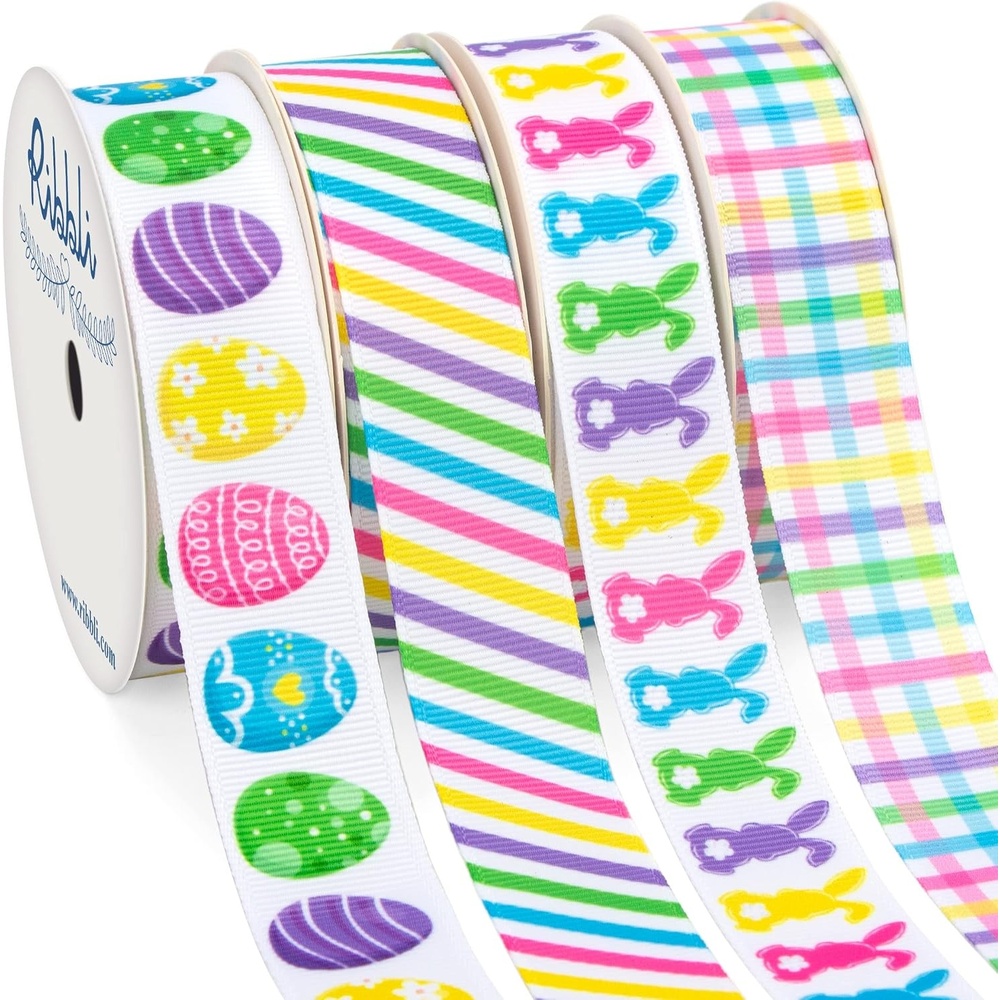Ribbli 4 Rolls Easter Grosgrain Ribbon,Easter Eggs/Bunny/Stripe/Check Ribbon,Easter Ribbon for Craft, Wreath,Gift Wrapping,Easter Basket Decoration,7/8-Inch Total 60 Feets(20 Yards)