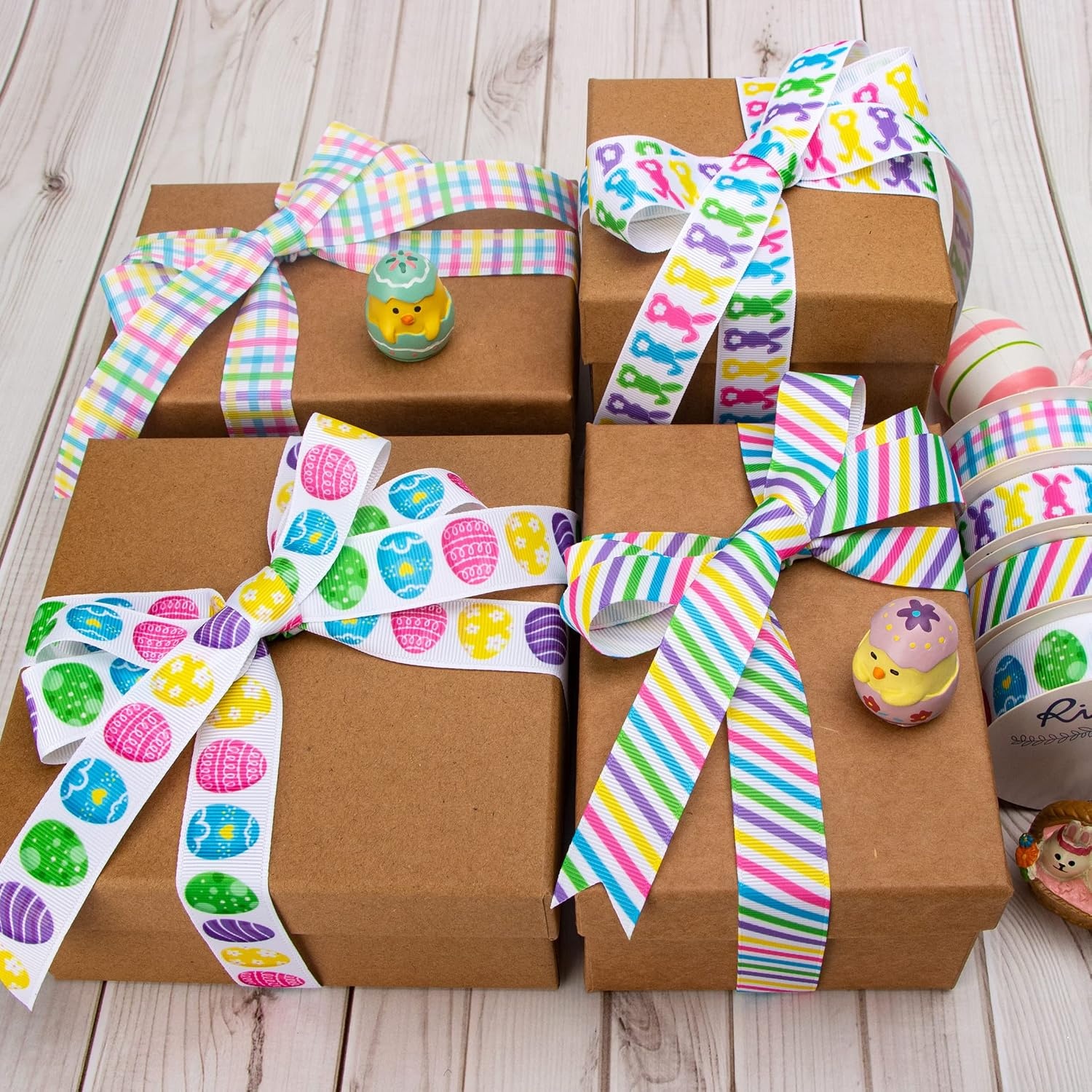 Ribbli 4 Rolls Easter Grosgrain Ribbon,Easter Eggs/Bunny/Stripe/Check Ribbon,Easter Ribbon for Craft, Wreath,Gift Wrapping,Easter Basket Decoration,7/8-Inch Total 60 Feets(20 Yards)
