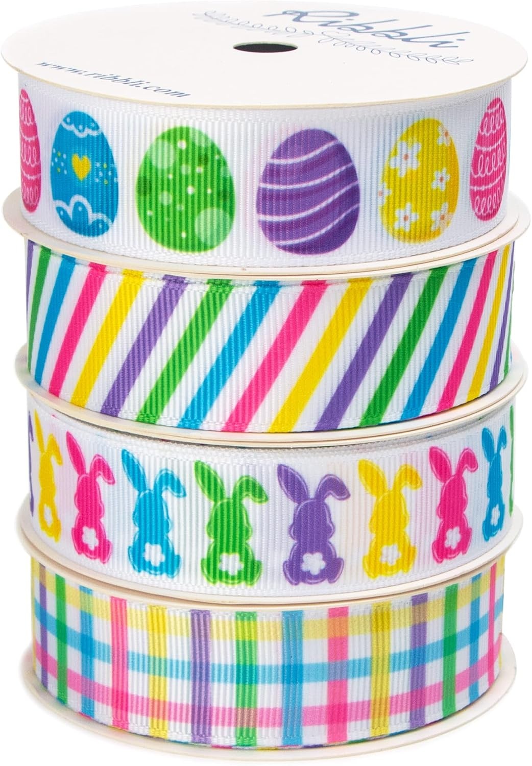 Ribbli 4 Rolls Easter Grosgrain Ribbon,Easter Eggs/Bunny/Stripe/Check Ribbon,Easter Ribbon for Craft, Wreath,Gift Wrapping,Easter Basket Decoration,7/8-Inch Total 60 Feets(20 Yards)
