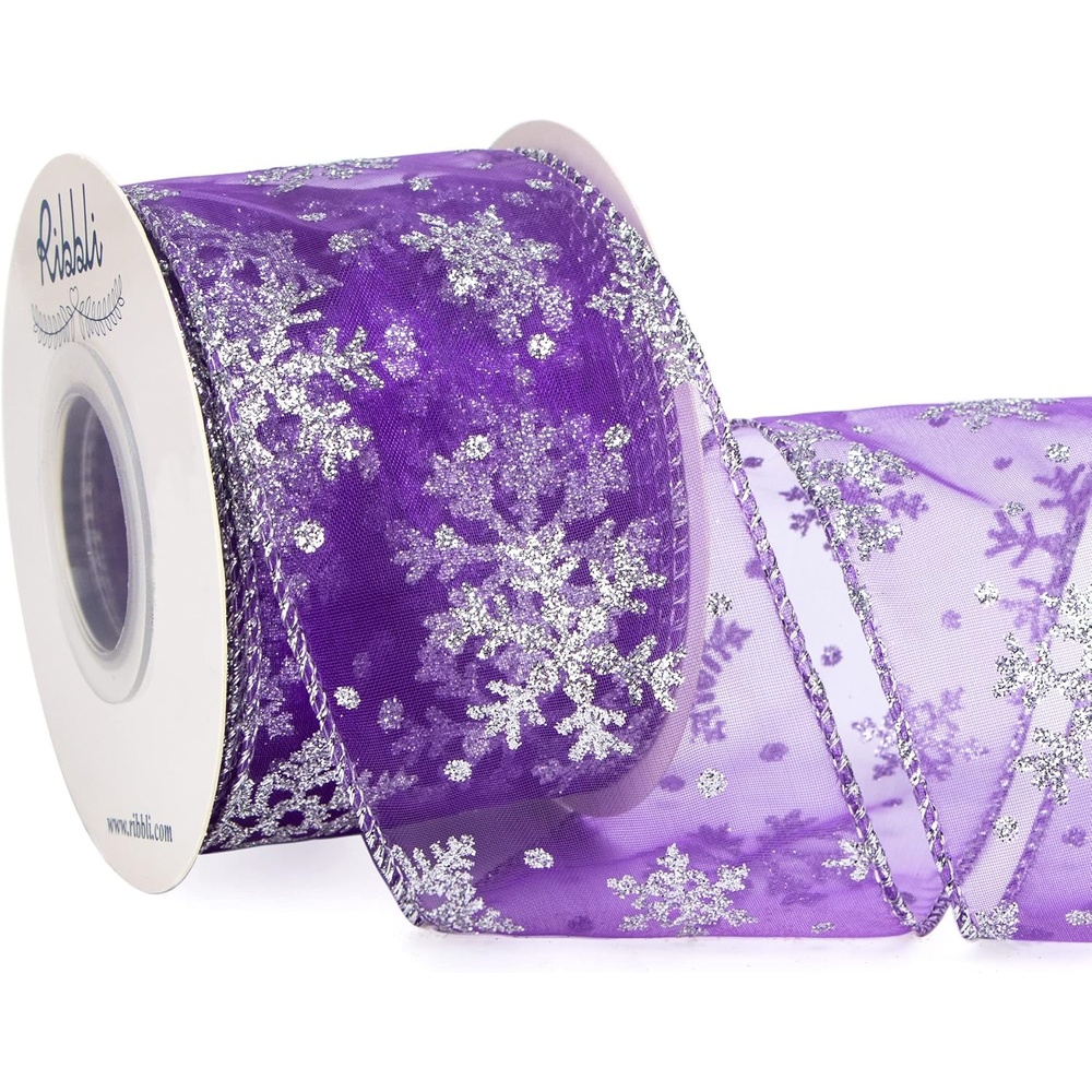 Ribbli Snowflake Glitter Wired Ribbon,Turquoise Blue Organza Sheer with Silver Glitter Snowflake Pattern and Silver Metallic Edge,2-1/2 Inch x 10 Yards Christmas Ribbon for Tree Decoration(Purple/Silver)