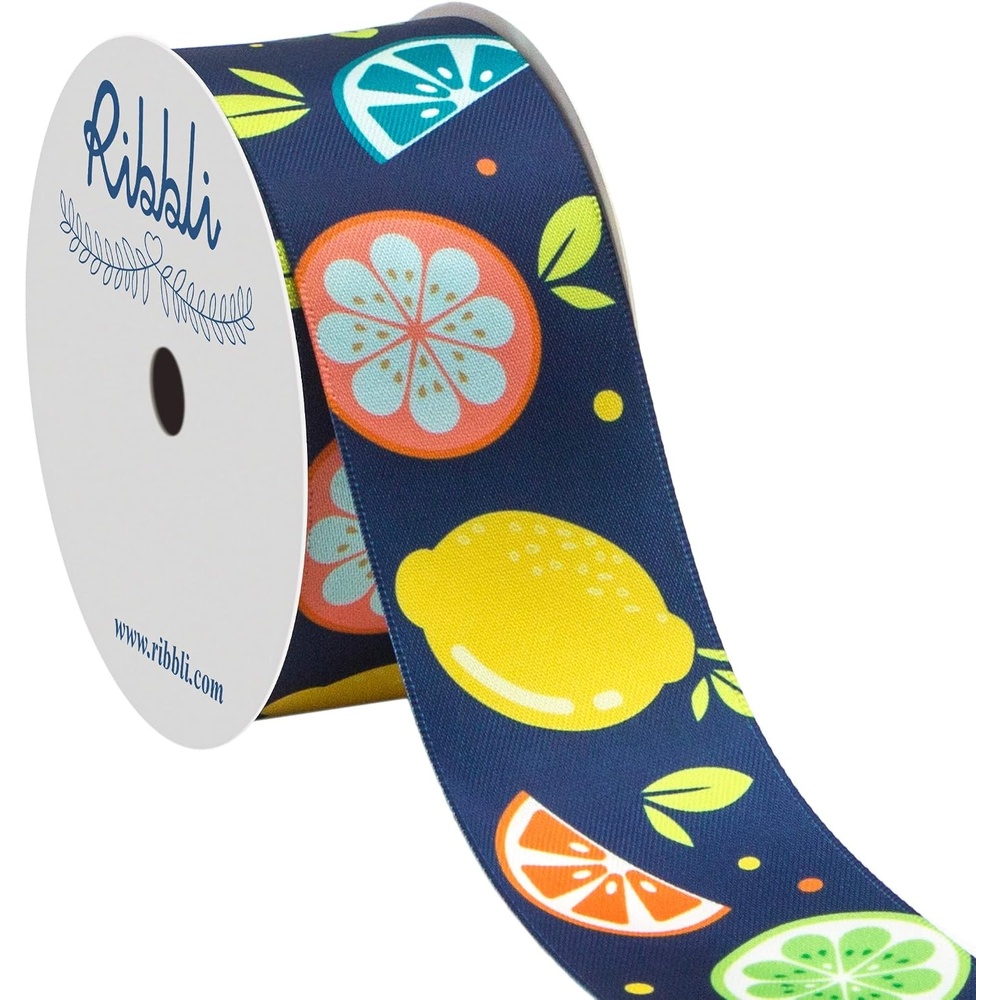 Ribbli Satin Lemon & Grapefruit Craft Ribbon,1-1/2 Inch x 10 Yard,Dark Blue/Yellow/Orange/Green,Use for Hair Bows,Wreath,Birthday,Gift Wrapping,Summer Decoration,All Crafting and Sewing