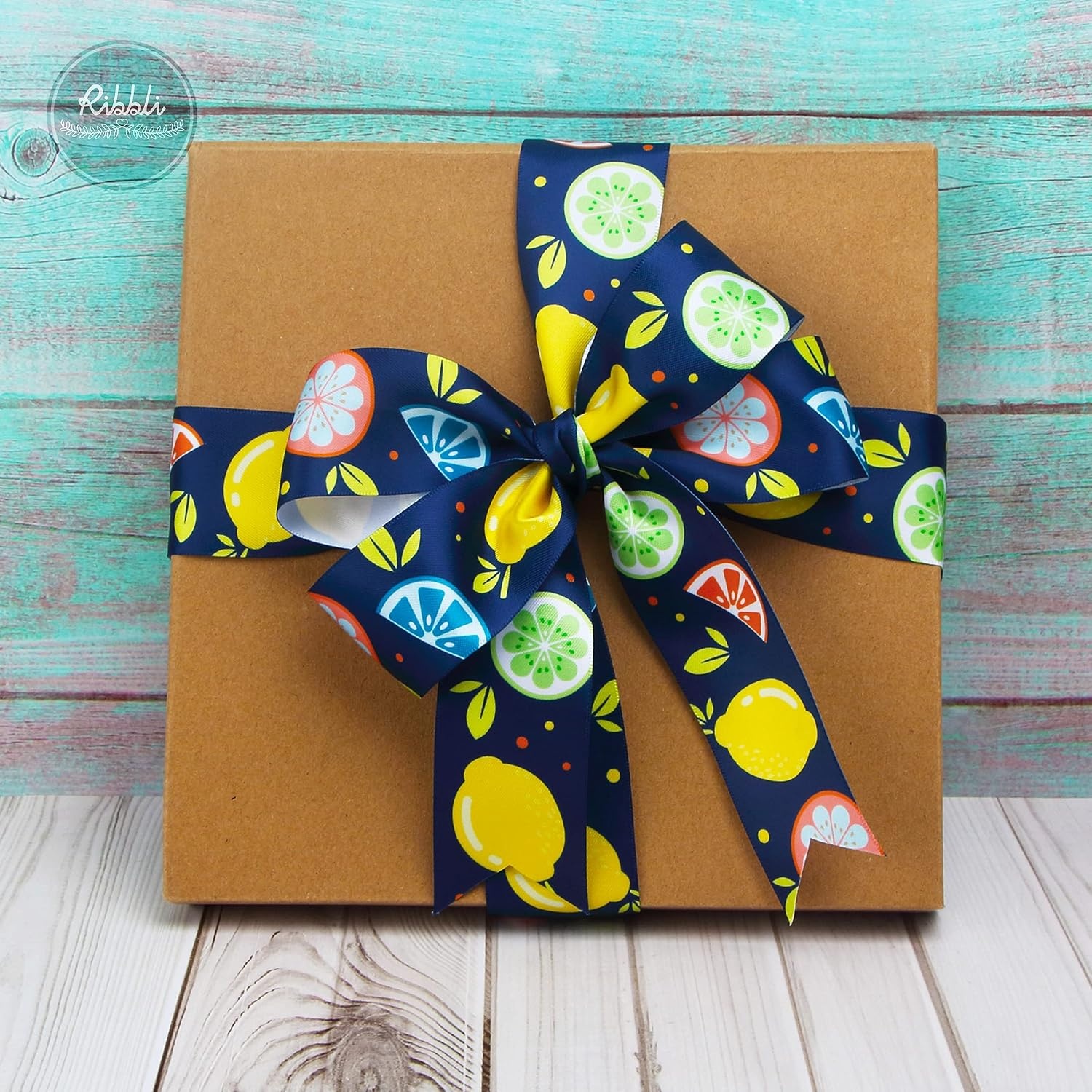 Ribbli Satin Lemon & Grapefruit Craft Ribbon,1-1/2 Inch x 10 Yard,Dark Blue/Yellow/Orange/Green,Use for Hair Bows,Wreath,Birthday,Gift Wrapping,Summer Decoration,All Crafting and Sewing