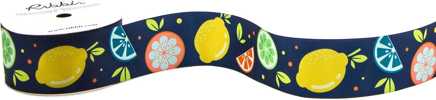 Ribbli Satin Lemon & Grapefruit Craft Ribbon,1-1/2 Inch x 10 Yard,Dark Blue/Yellow/Orange/Green,Use for Hair Bows,Wreath,Birthday,Gift Wrapping,Summer Decoration,All Crafting and Sewing