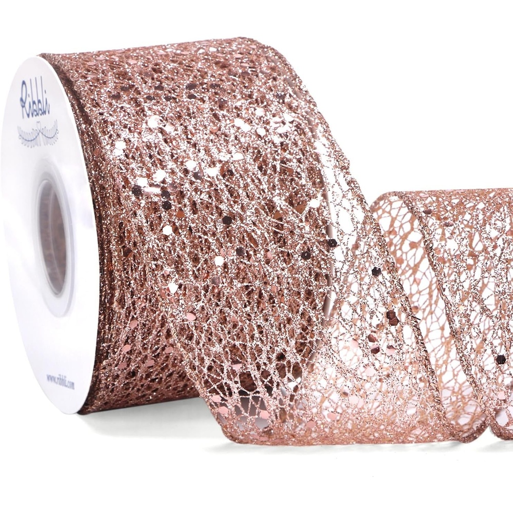 Ribbli Christmas Ribbon,Glitter Mesh Wired Ribbon for Christmas Tree, Silver Sparkling 2.5 Inch x 10 Yard for Crafts, Big Bow,Gift Wrapping, Wreath(Rose Gold)