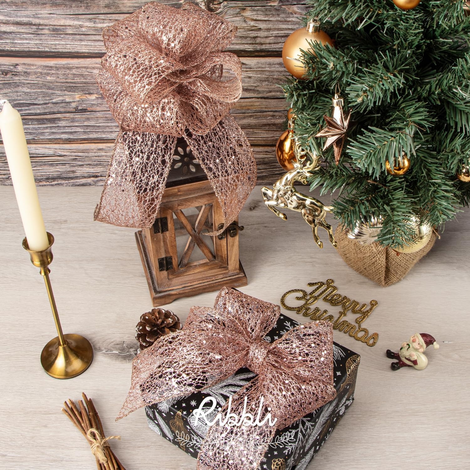 Ribbli Christmas Ribbon,Glitter Mesh Wired Ribbon for Christmas Tree, Silver Sparkling 2.5 Inch x 10 Yard for Crafts, Big Bow,Gift Wrapping, Wreath(Rose Gold)