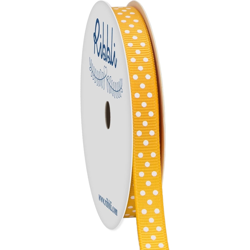 Ribbli Grosgrain Polka Dot Craft Ribbon,3/8 Inch,10-Yard Spool,Black with White Dots,Use for Gift Wrapping,Party Decoration,All Crafting and Sewing(Yellow Gold/White)