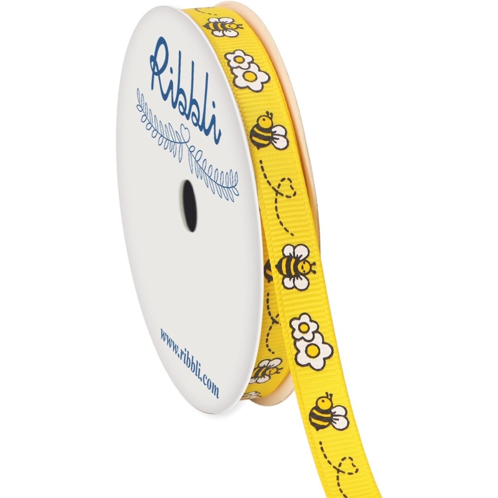 Ribbli Grosgrain Bee & Flower Craft Ribbon,3/8 Inch x 10 Yard,White/Yellow/Black,Use for Gift Wrapping,Party Decoration,Hair Bows,All Crafting and Sewing(Yellow)