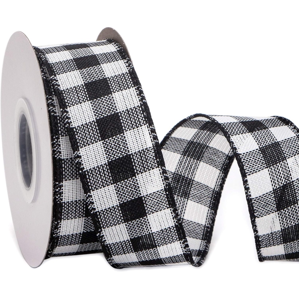 Ribbli Black and White Wired Ribbon,1-1/2 Inch x 10 Yard,Buffalo Plaid Ribbon,Burlap Ribbon for Big Bow,Wreath,Tree Decoration,Outdoor Decoration(BLack/White)