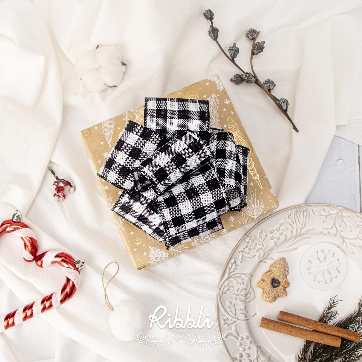 Ribbli Black and White Wired Ribbon,1-1/2 Inch x 10 Yard,Buffalo Plaid Ribbon,Burlap Ribbon for Big Bow,Wreath,Tree Decoration,Outdoor Decoration(BLack/White)