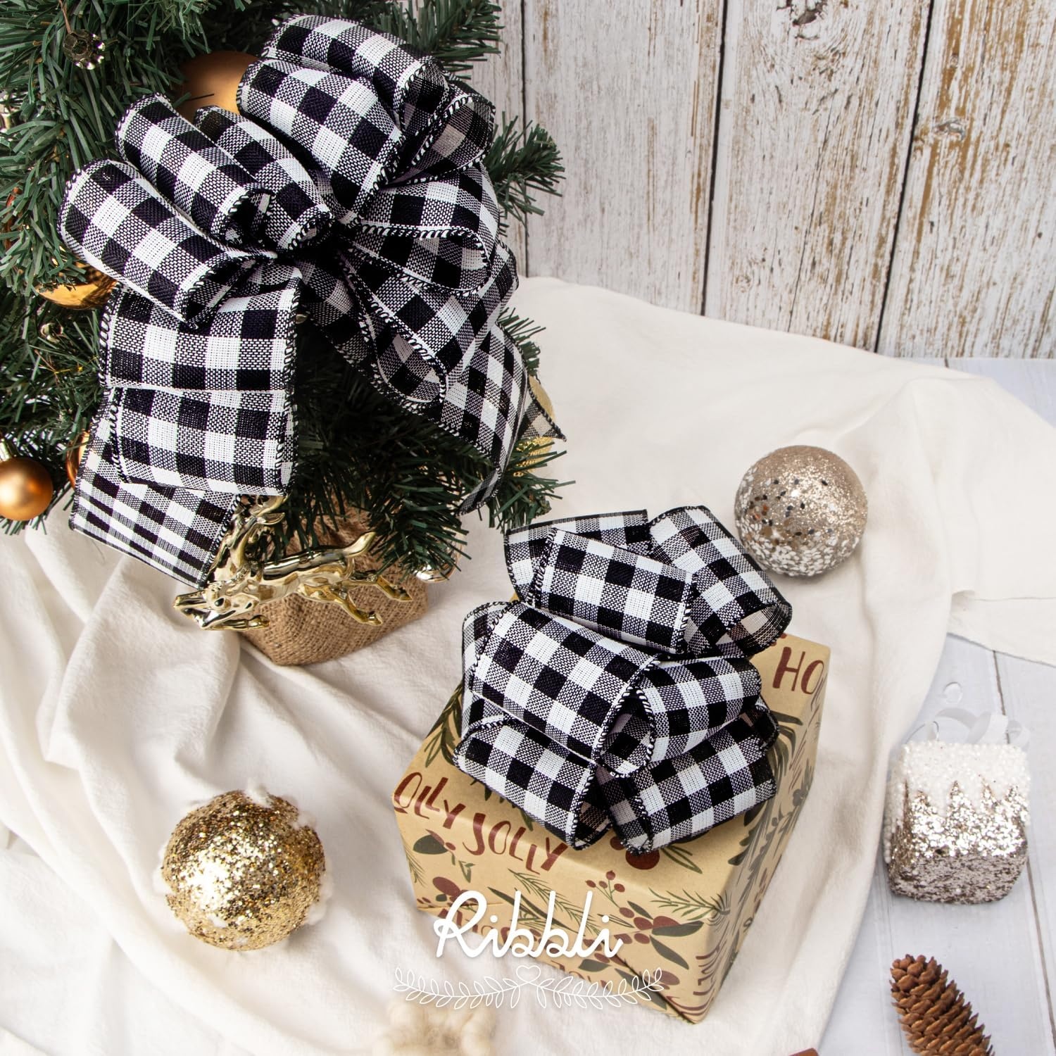 Ribbli Black and White Wired Ribbon,1-1/2 Inch x 10 Yard,Buffalo Plaid Ribbon,Burlap Ribbon for Big Bow,Wreath,Tree Decoration,Outdoor Decoration(BLack/White)