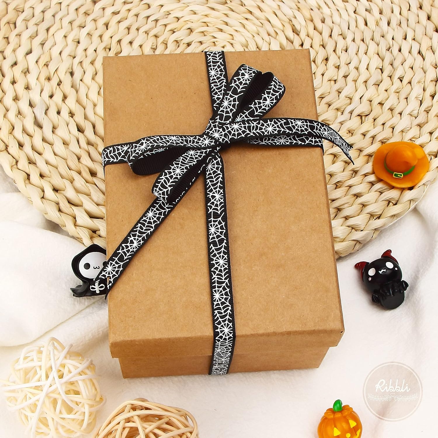 Ribbli Halloween Ribbon,4 Rolls Halloween Spider Web Grosgrain Ribbon for Crafts, Gift Wrapping, 3/8 Inches Total 120 Feet(40 Yard), Black/White/Orange/Purple(White/Black)