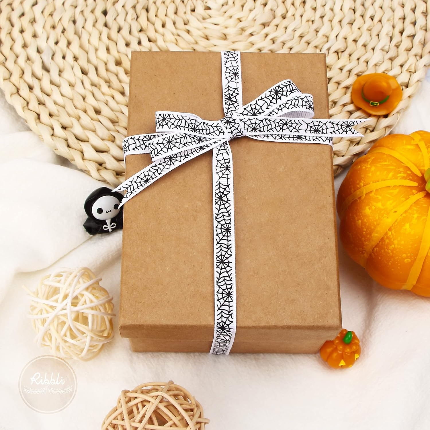 Ribbli Halloween Ribbon,4 Rolls Halloween Spider Web Grosgrain Ribbon for Crafts, Gift Wrapping, 3/8 Inches Total 120 Feet(40 Yard), Black/White/Orange/Purple(White/Black)