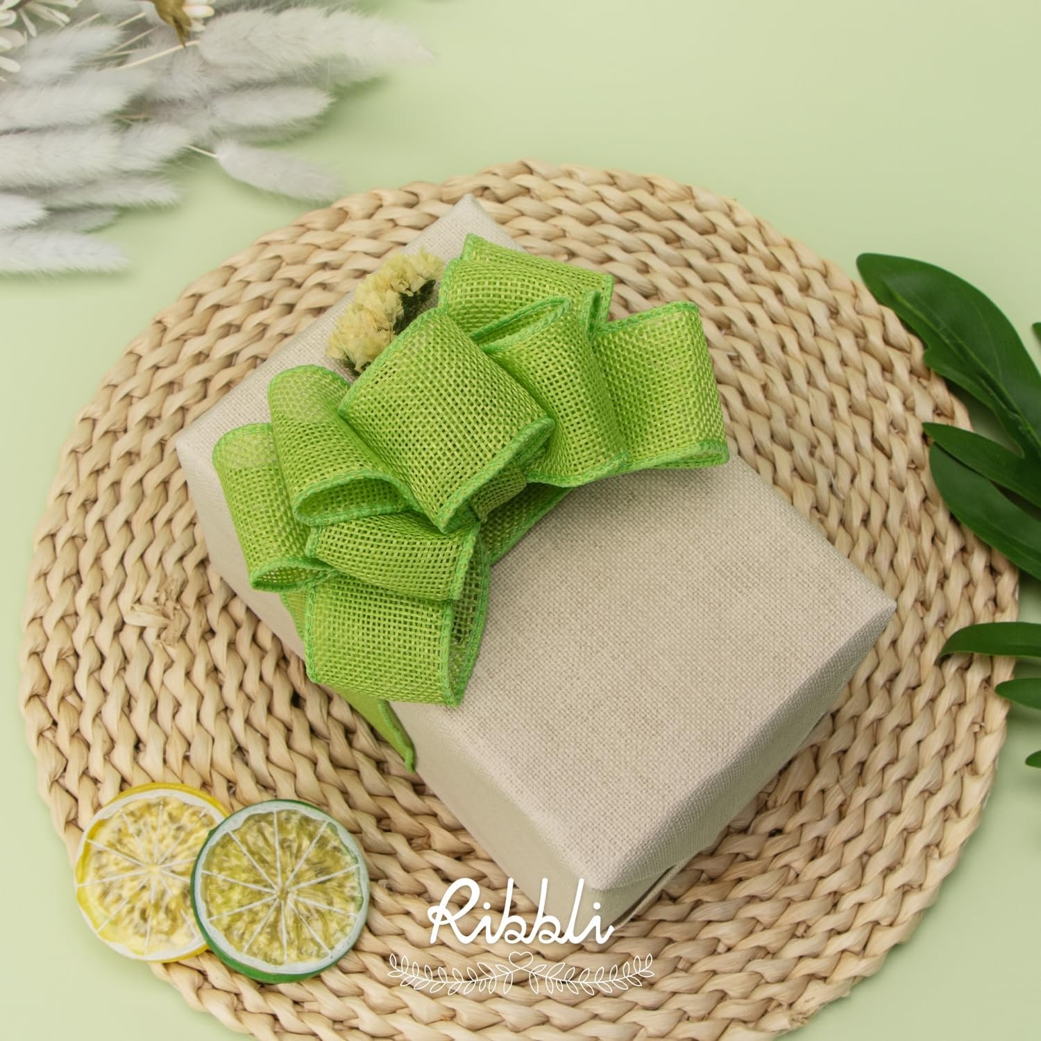Ribbli Pink Burlap Valentine’s Day Wired Ribbon,1-1/2 Inch x 10 Yard,Easter Wired Edge Ribbon for Big Bow,Wreath,Tree Decoration,Outdoor Decoration(Apple Green)