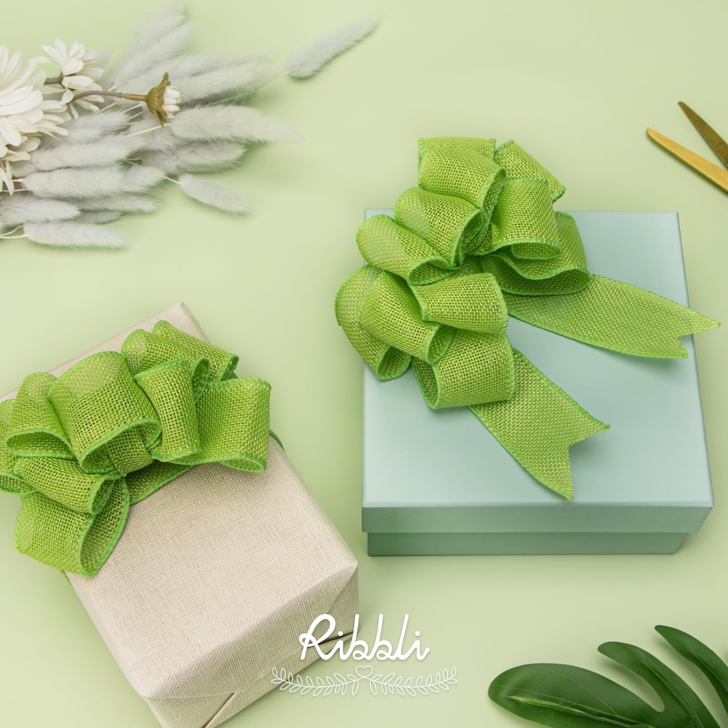 Ribbli Pink Burlap Valentine’s Day Wired Ribbon,1-1/2 Inch x 10 Yard,Easter Wired Edge Ribbon for Big Bow,Wreath,Tree Decoration,Outdoor Decoration(Apple Green)