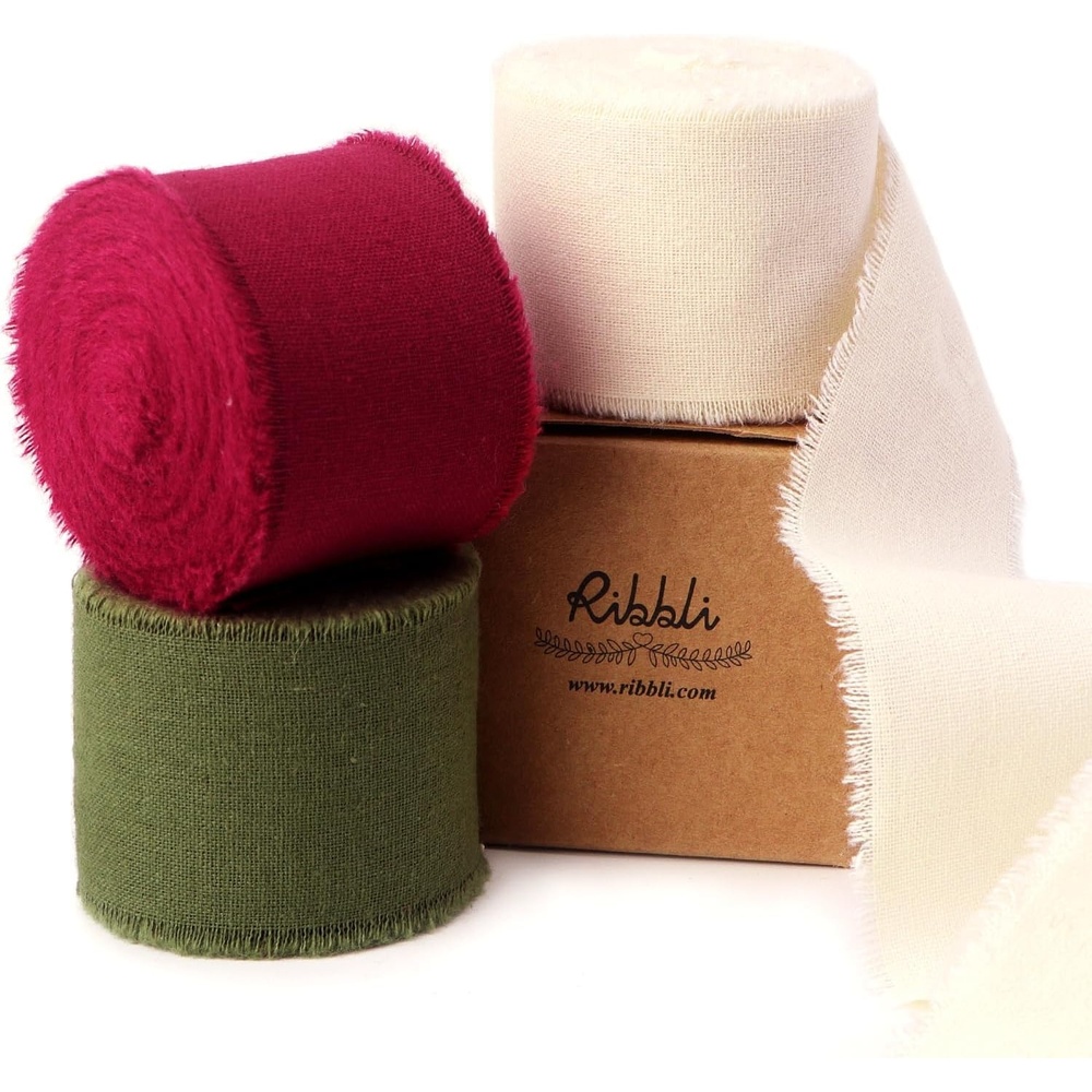 Ribbli 3 Rolls Dusty Blue Ribbon 1.5 Inch x 18Yards Handmade Cotton Frayed Fringe Ribbons for Gift Wrapping Wedding Invites Bridal Bouquets Baby Shower DIY Crafts Home Decor(Ivory/Burgundy/Moss)
