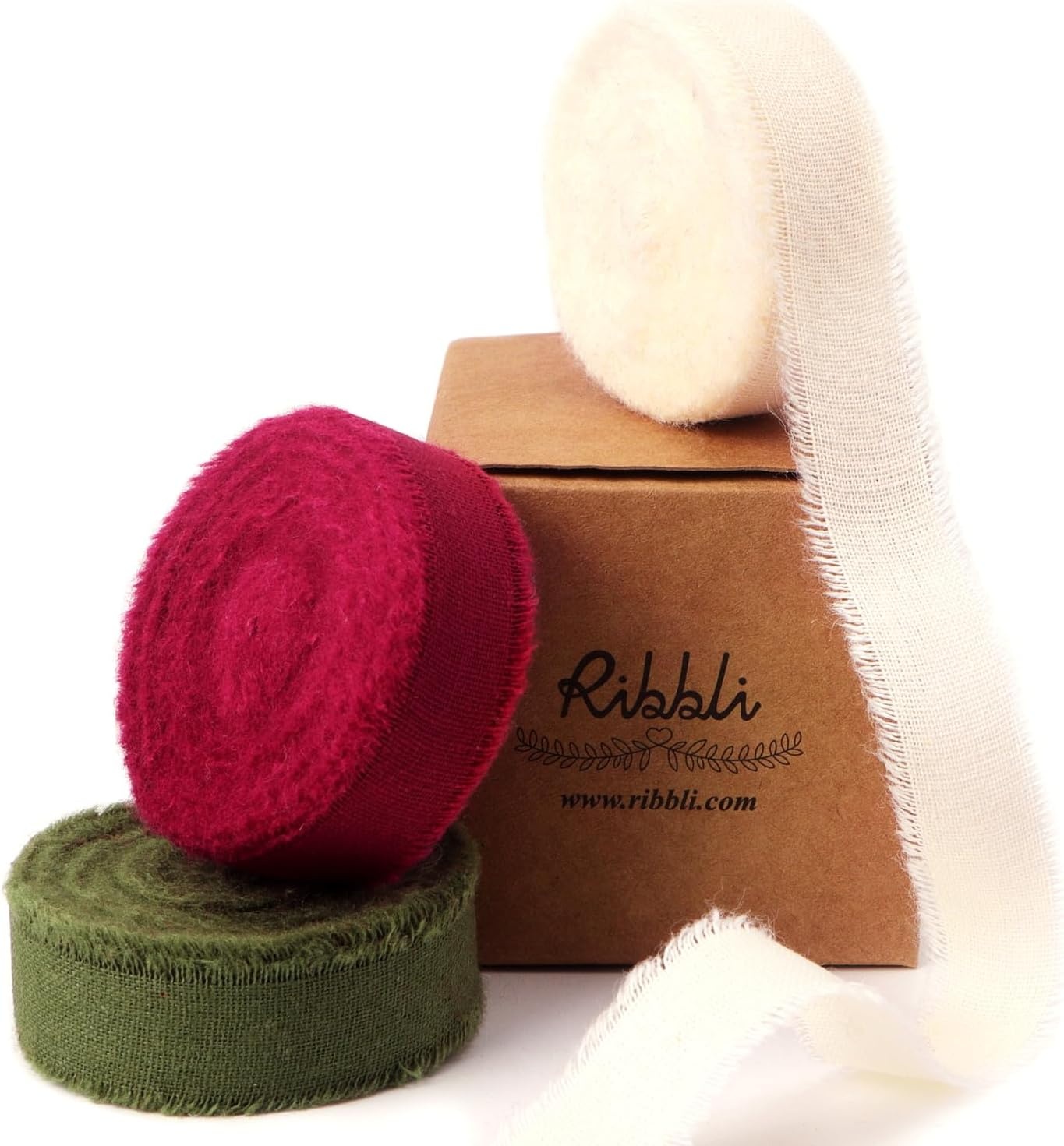 Ribbli 3 Rolls Dusty Blue Ribbon 1.5 Inch x 18Yards Handmade Cotton Frayed Fringe Ribbons for Gift Wrapping Wedding Invites Bridal Bouquets Baby Shower DIY Crafts Home Decor(Ivory/Burgundy/Moss)