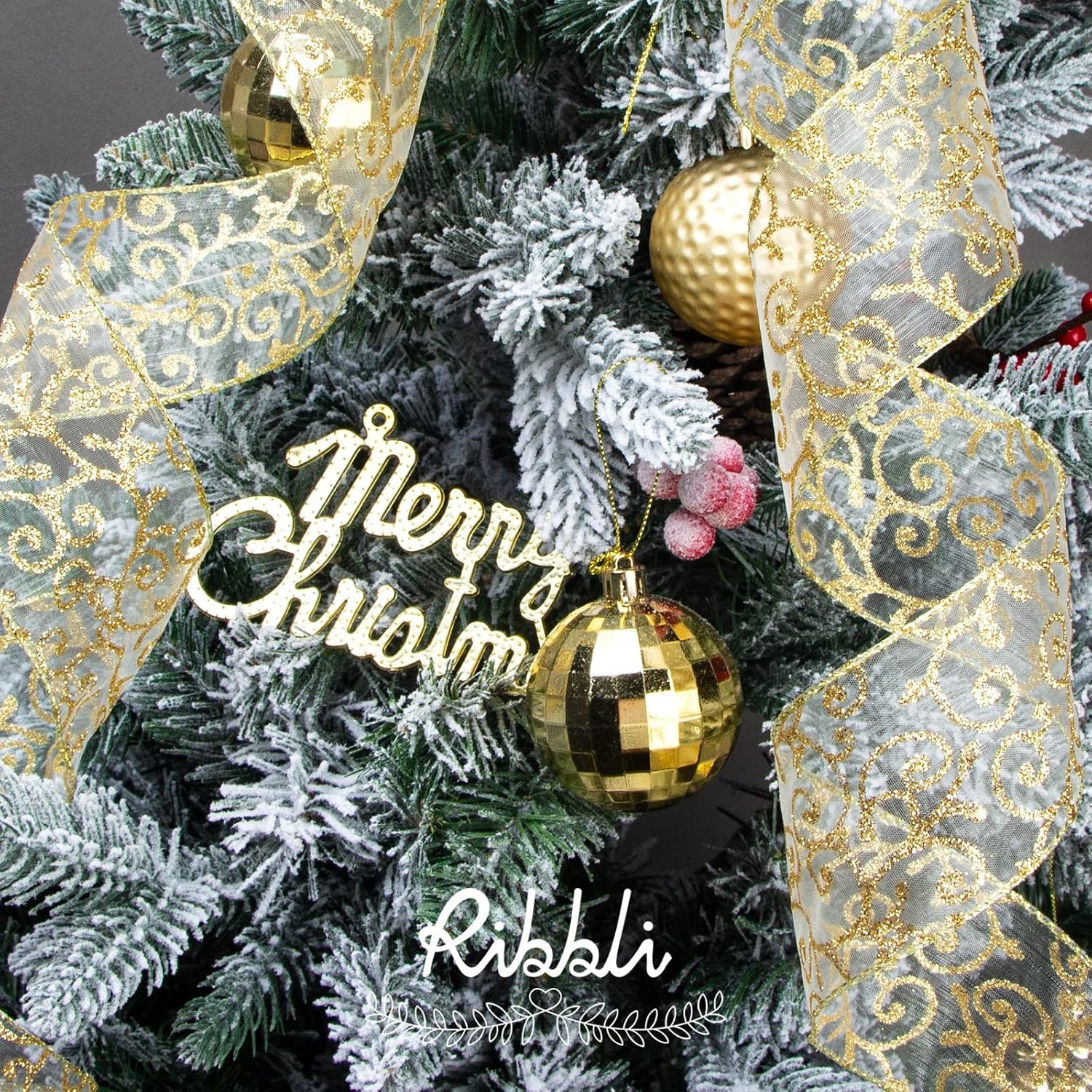 Ribbli Swirl Glitter Wired Ribbon, Red Organza Sheer with Gold Glitter Swirl Pattern and Gold Metallic Edge,2-1/2Inch x 10Yards Christmas Ribbon for Tree Decoration(Ivory/Gold)