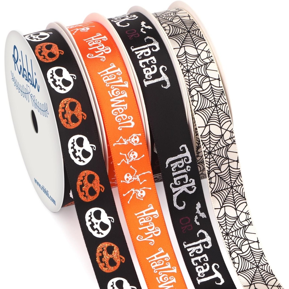 Ribbli Halloween Ribbon 4 Rolls Halloween Pumpkin Skeleton Trick or Treat Spider Web Pattern for Crafts Gift Wrapping 5/8 Inches Total 120 Feet(40 Yard), Black/White/Orange