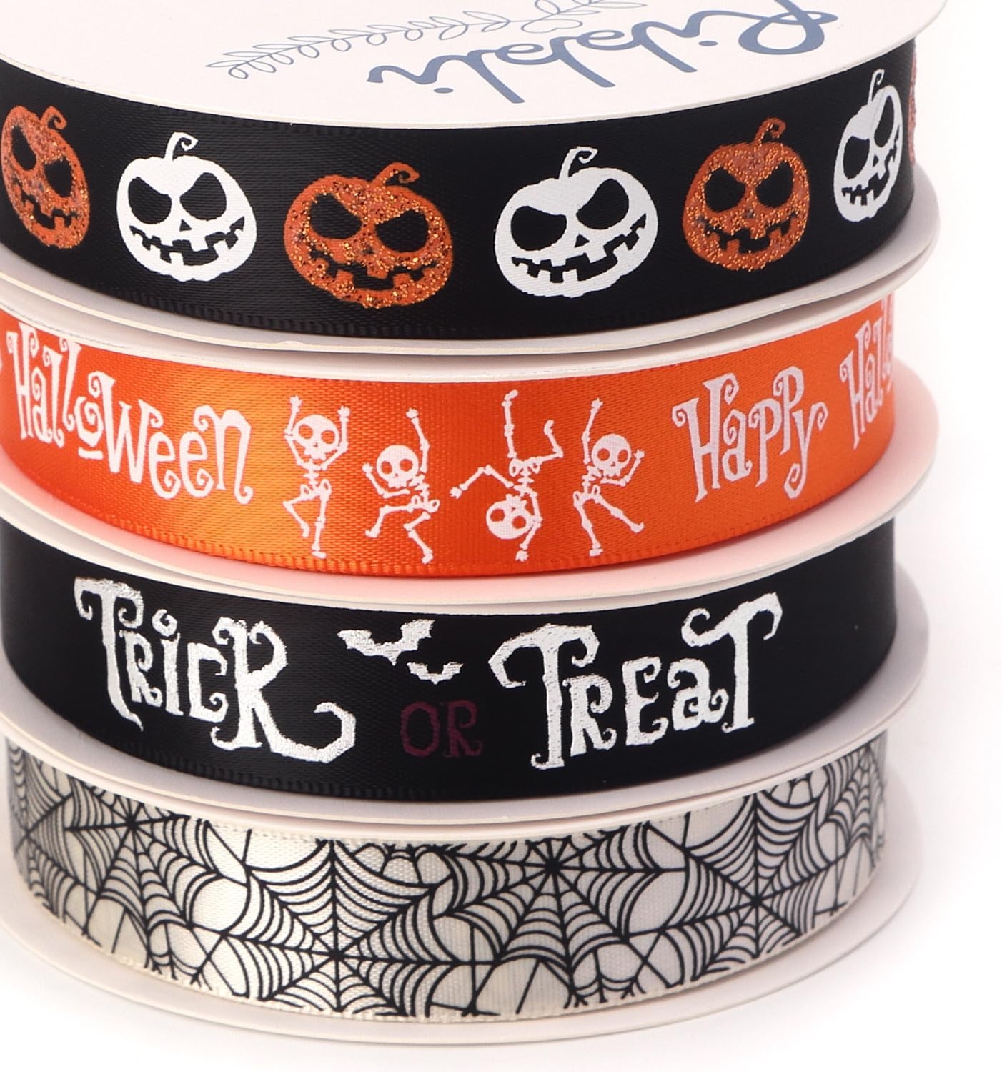 Ribbli Halloween Ribbon 4 Rolls Halloween Pumpkin Skeleton Trick or Treat Spider Web Pattern for Crafts Gift Wrapping 5/8 Inches Total 120 Feet(40 Yard), Black/White/Orange