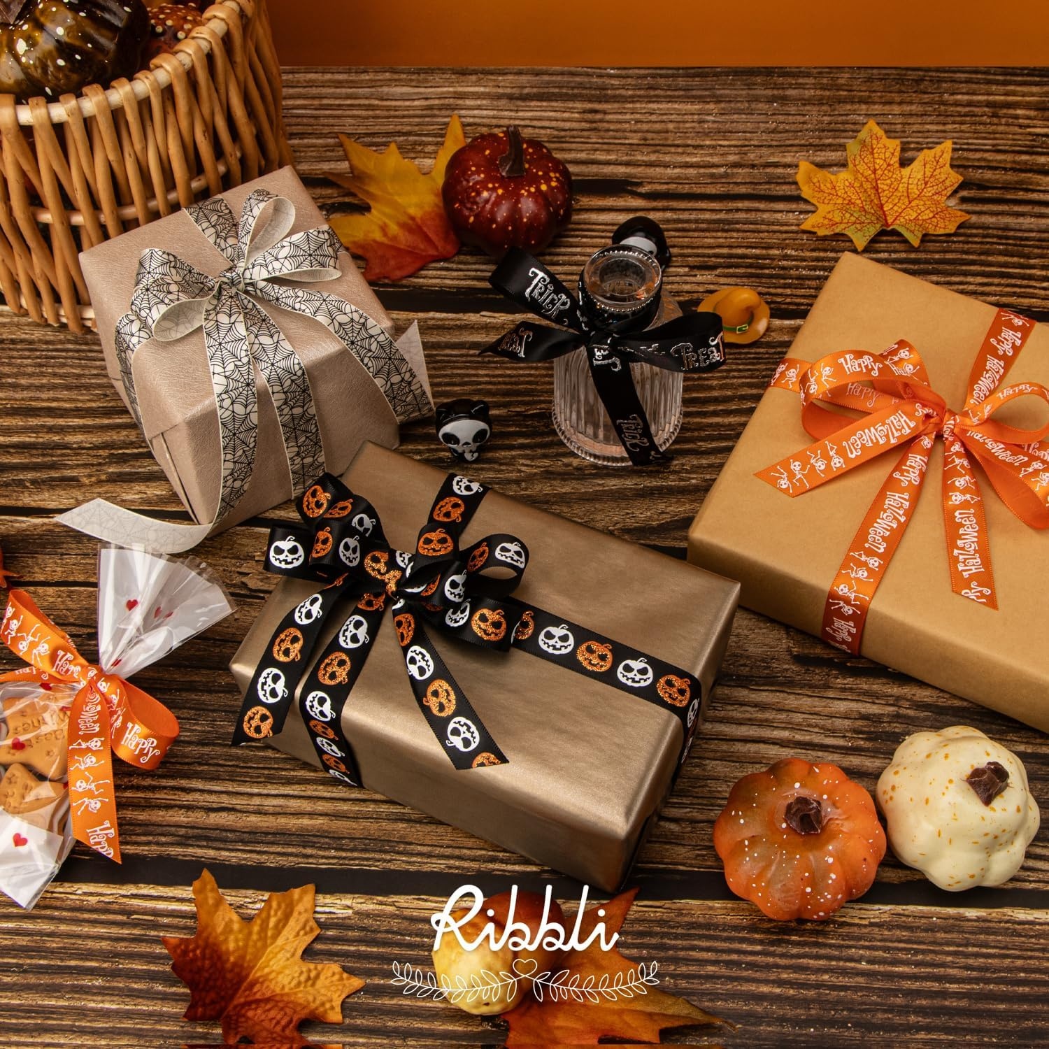 Ribbli Halloween Ribbon 4 Rolls Halloween Pumpkin Skeleton Trick or Treat Spider Web Pattern for Crafts Gift Wrapping 5/8 Inches Total 120 Feet(40 Yard), Black/White/Orange
