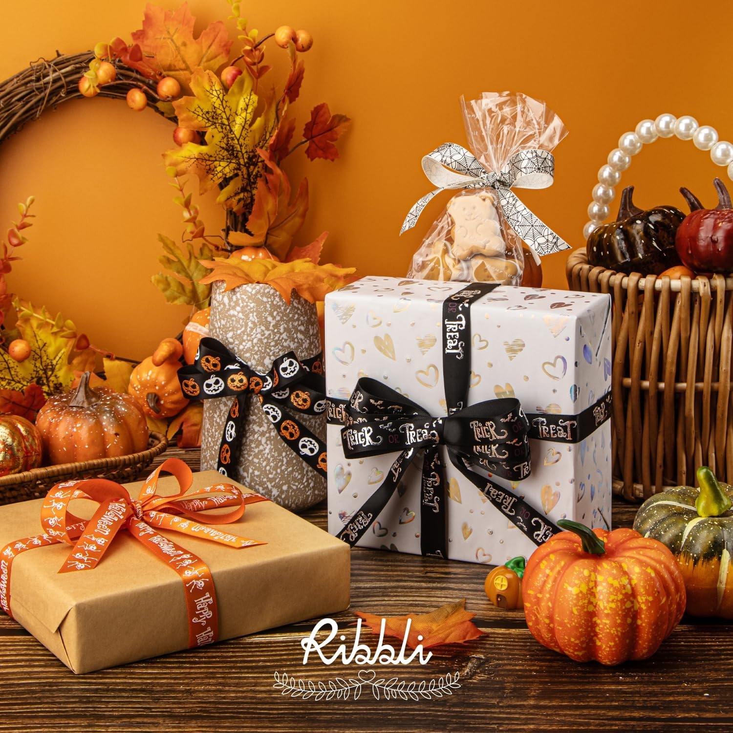 Ribbli Halloween Ribbon 4 Rolls Halloween Pumpkin Skeleton Trick or Treat Spider Web Pattern for Crafts Gift Wrapping 5/8 Inches Total 120 Feet(40 Yard), Black/White/Orange
