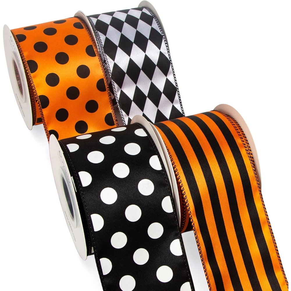 Ribbli 4 Rolls Halloween Ribbon Black and Orange Wired Satin Ribbon, 2-1/2 Inch Total 40 Yard,Polka Dots/Stripe/Diamond Check Halloween Wired Ribbon for Big Bow,Wreath,Tree Decoration