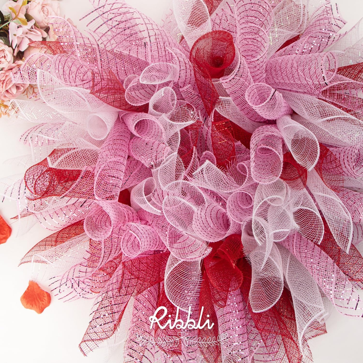 Ribbli 2 Rolls Champagne Gold Metallic Mesh Ribbon Champagne Gold Deluxe Foil Christmas Ribbon for Christmas Tree Wreath Swags Wedding Garland 10 inch x 30 feet(10Yard) Per Roll(Light Pink)