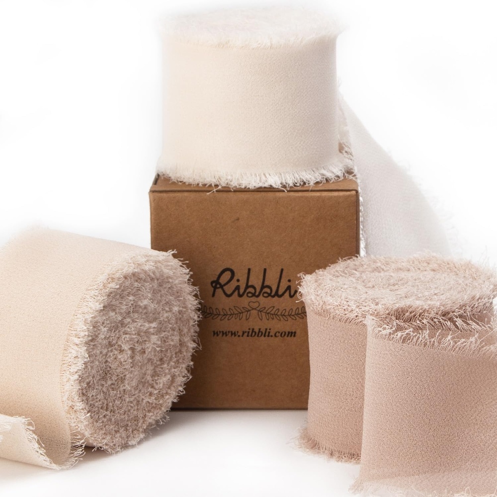 Ribbli Chiffon Silk Ribbon, 1.5 inch x 30 Yard, Champagne/Terracotta/Rust Red Fringe Chiffon Fall Ribbon for Wedding Invitations, Bridal Bouquets Wrapping, Flower Arrangement Decoration(Cream/Champagne/Beige)