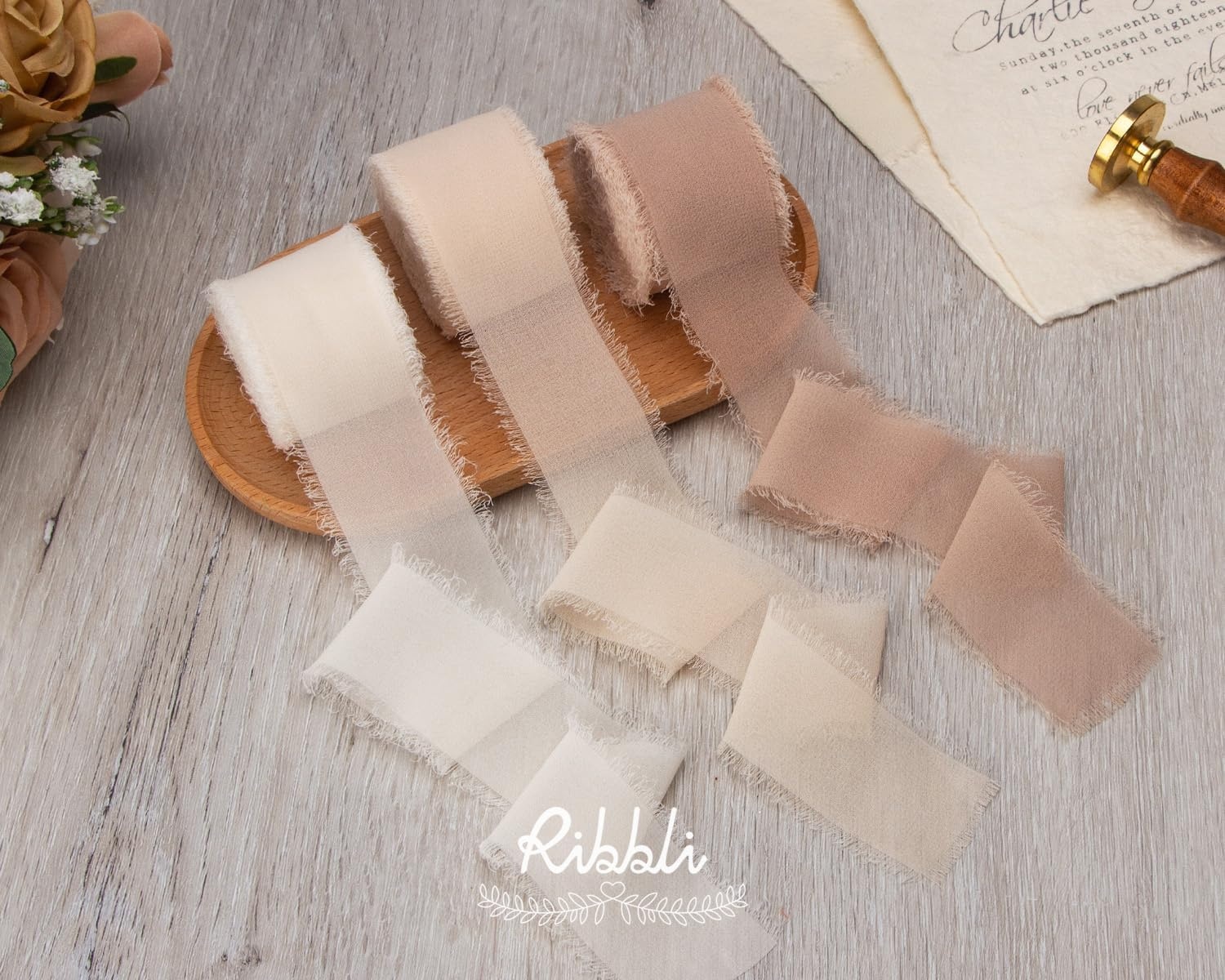 Ribbli Chiffon Silk Ribbon, 1.5 inch x 30 Yard, Champagne/Terracotta/Rust Red Fringe Chiffon Fall Ribbon for Wedding Invitations, Bridal Bouquets Wrapping, Flower Arrangement Decoration(Cream/Champagne/Beige)