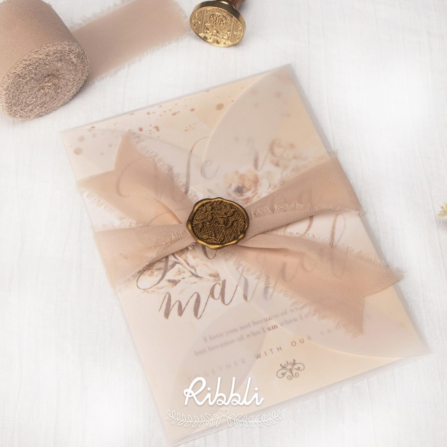 Ribbli Chiffon Silk Ribbon, 1.5 inch x 30 Yard, Champagne/Terracotta/Rust Red Fringe Chiffon Fall Ribbon for Wedding Invitations, Bridal Bouquets Wrapping, Flower Arrangement Decoration(Cream/Champagne/Beige)