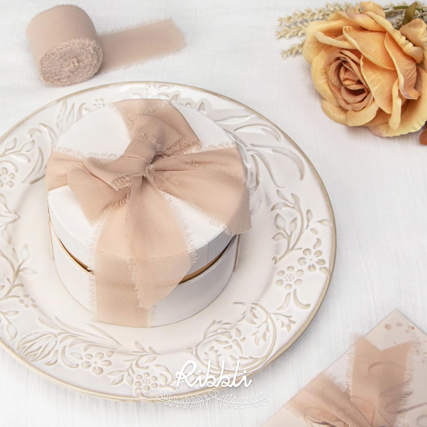 Ribbli Chiffon Silk Ribbon, 1.5 inch x 30 Yard, Champagne/Terracotta/Rust Red Fringe Chiffon Fall Ribbon for Wedding Invitations, Bridal Bouquets Wrapping, Flower Arrangement Decoration(Cream/Champagne/Beige)