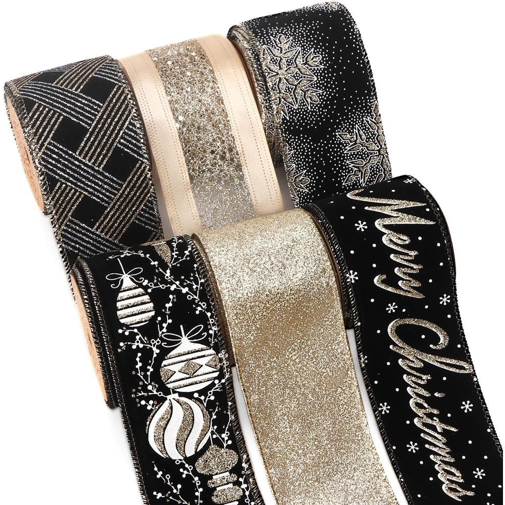 Ribbli Christmas Ribbon Wired Black Champagne Christmas Tree Ribbon Snowflake Glitter Wired Ribbons for Tree Topper Bow Crafts Gift Wrapping Wreaths Garland Home Decor -2.5 Inchx6 Rolls Total 36Yard(Black/Champagne)