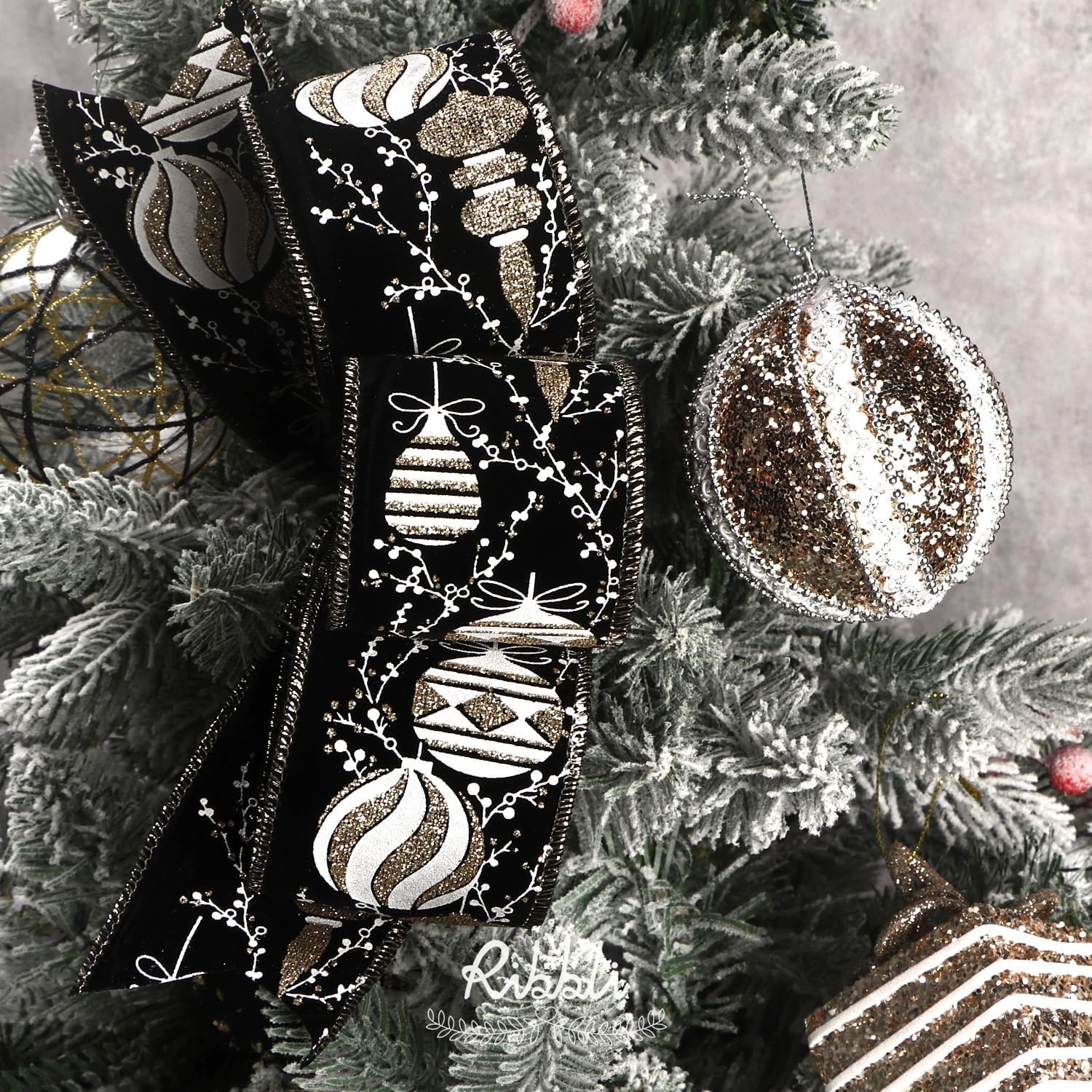 Ribbli Christmas Ribbon Wired Black Champagne Christmas Tree Ribbon Snowflake Glitter Wired Ribbons for Tree Topper Bow Crafts Gift Wrapping Wreaths Garland Home Decor -2.5 Inchx6 Rolls Total 36Yard(Black/Champagne)